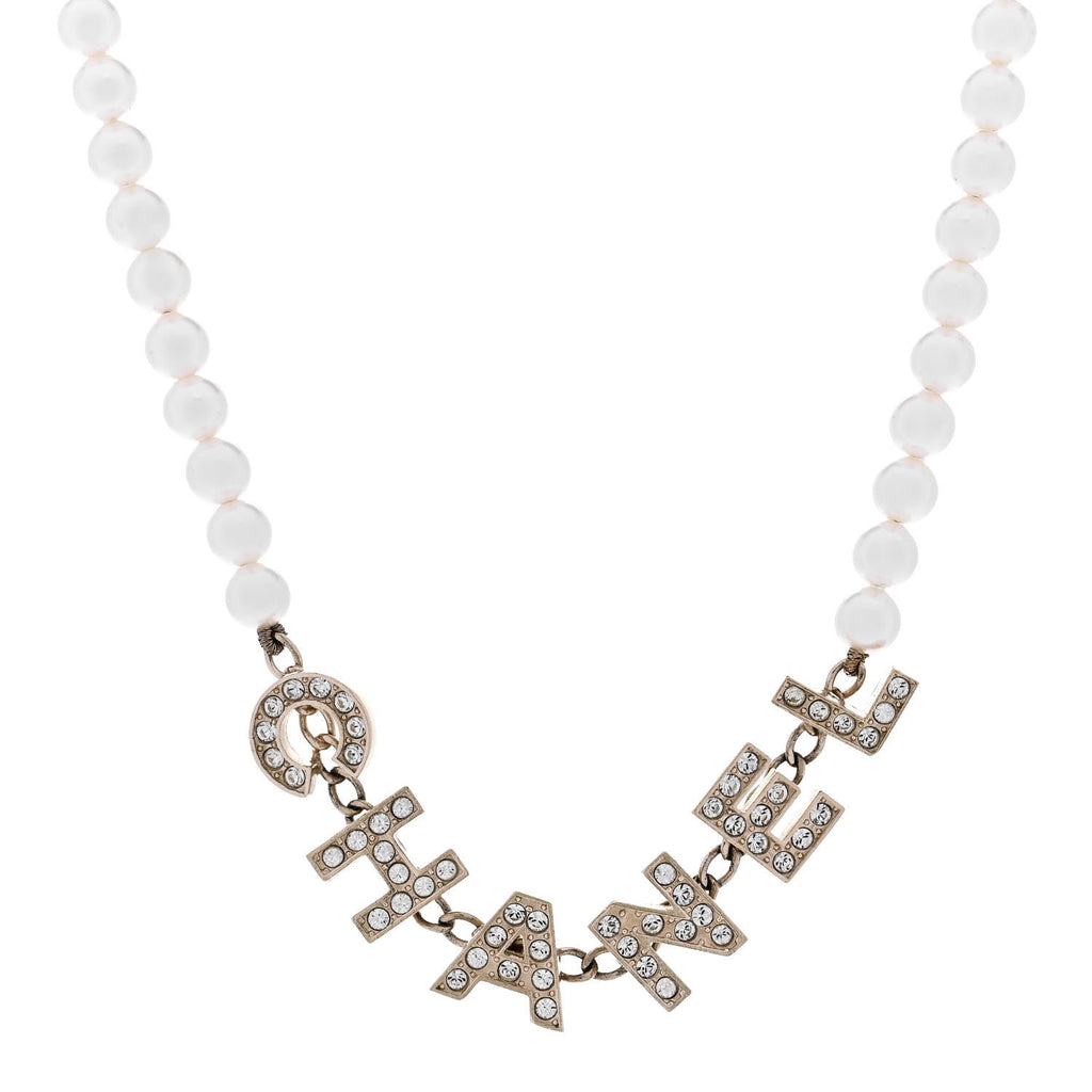 Pearl Crystal CC Logo Short Necklace Gold