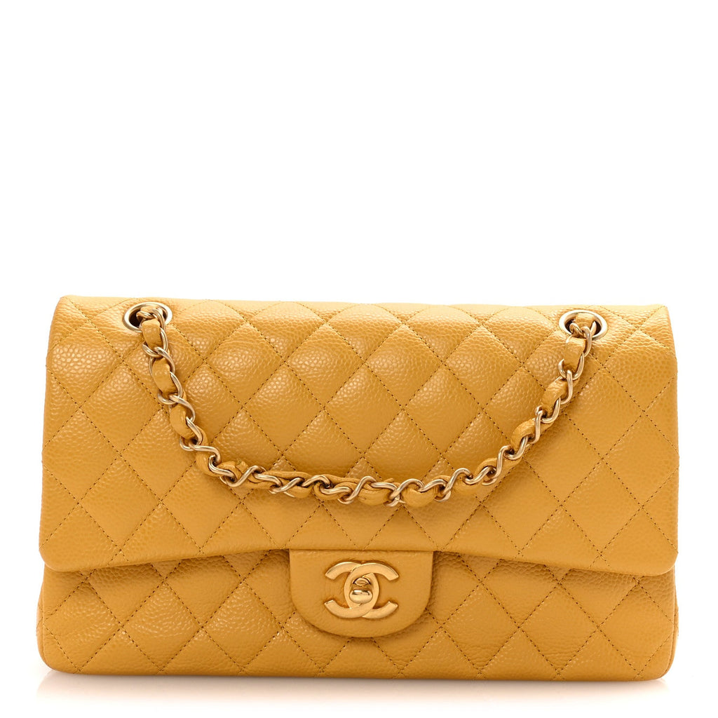 Caviar Quilted Medium Double Flap Yellow