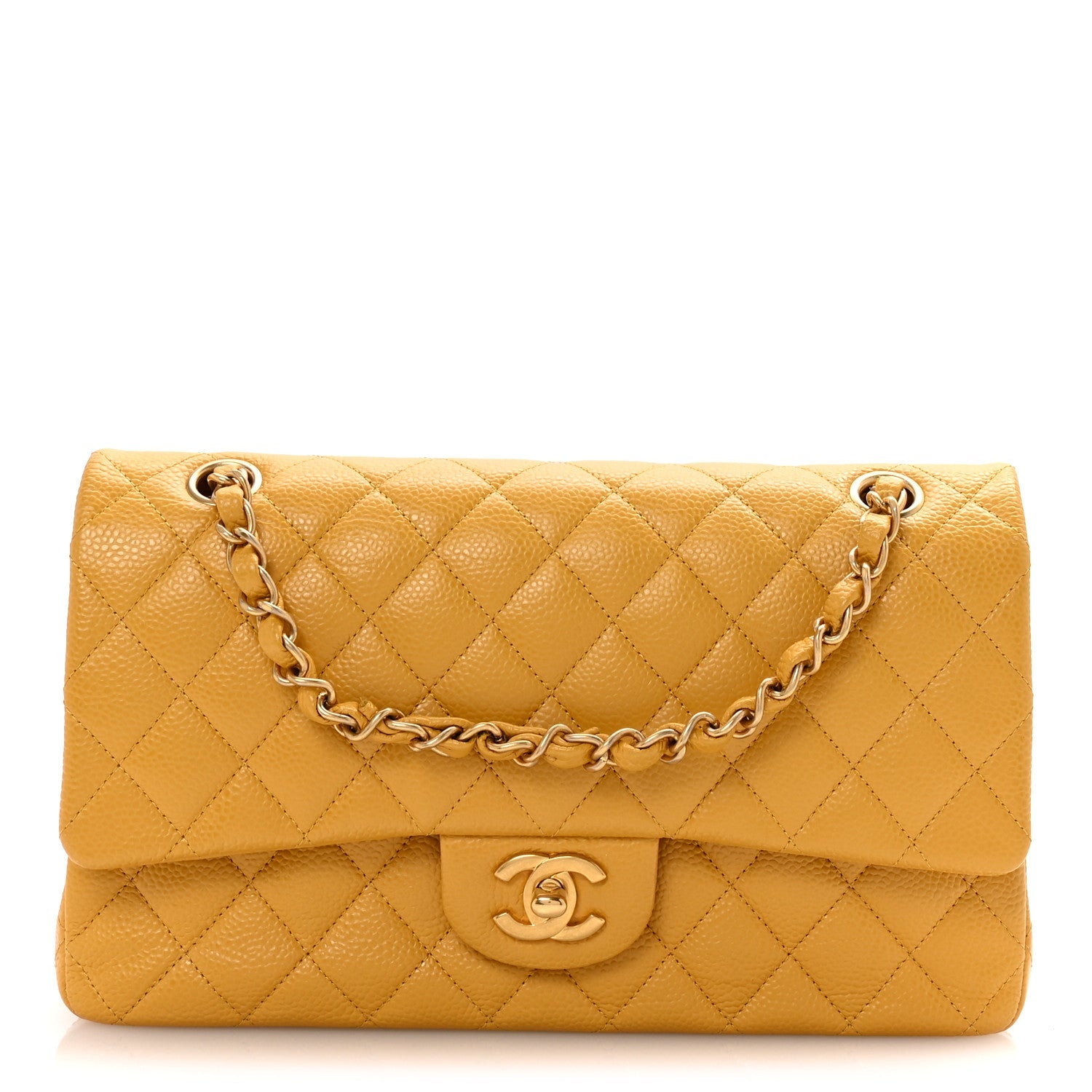 Caviar Quilted Medium Double Flap Yellow
