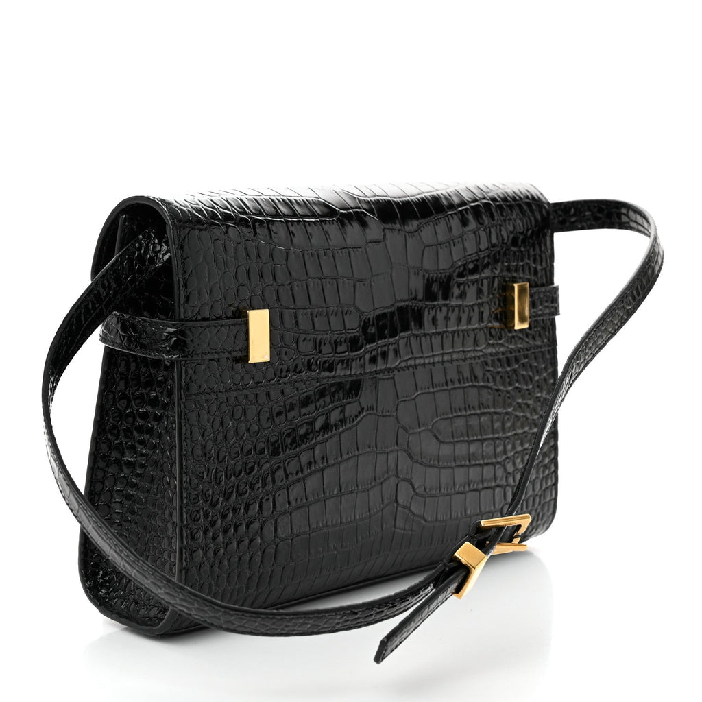 Shiny Calfskin Crocodile Embossed Small Manhattan Baguette Black