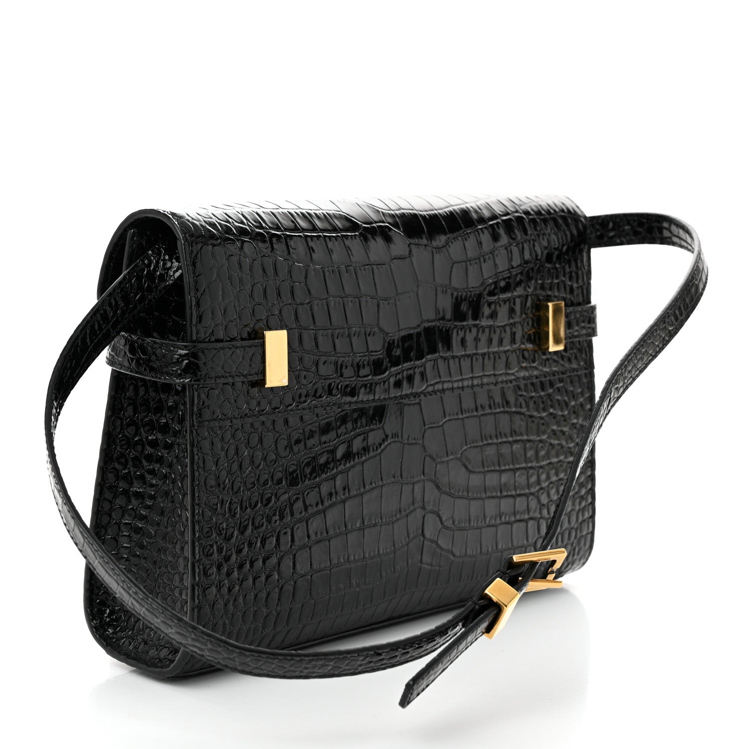 Shiny Calfskin Crocodile Embossed Small Manhattan Baguette Black