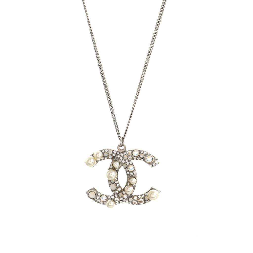 CC Pendant Necklace Metal with Crystals and Faux Pearls