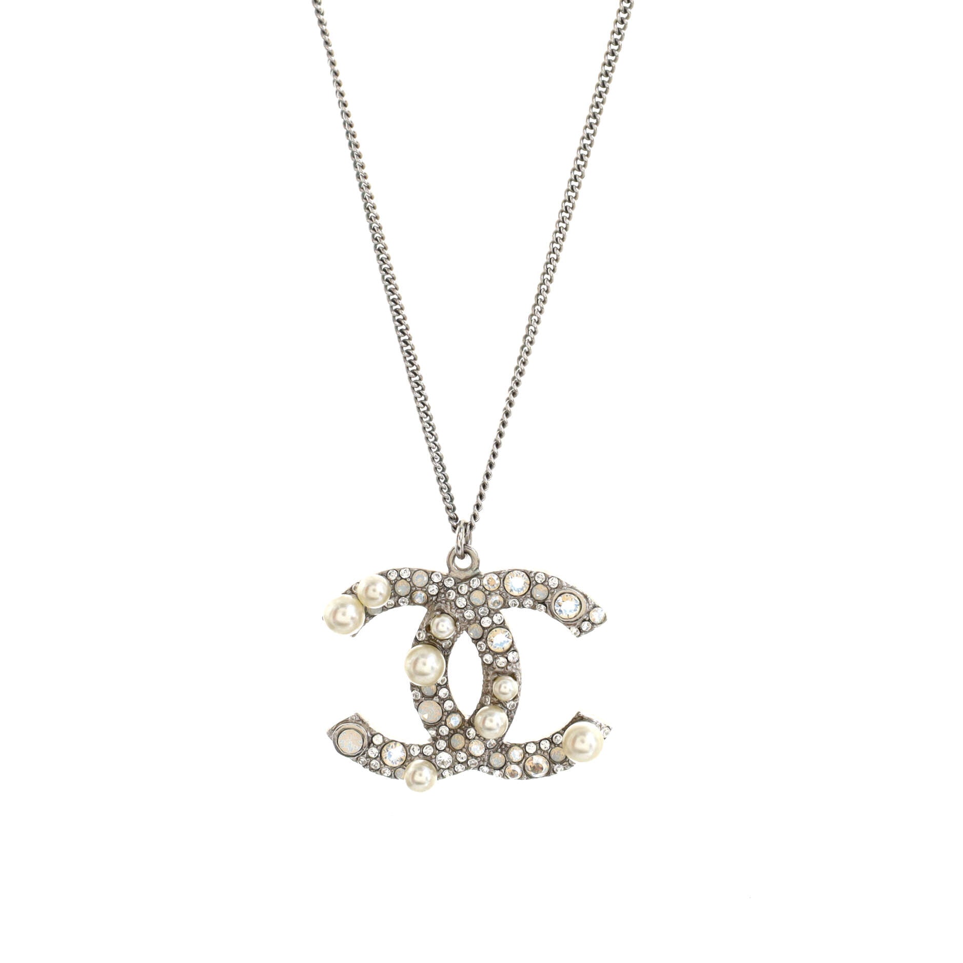 CC Pendant Necklace Metal with Crystals and Faux Pearls