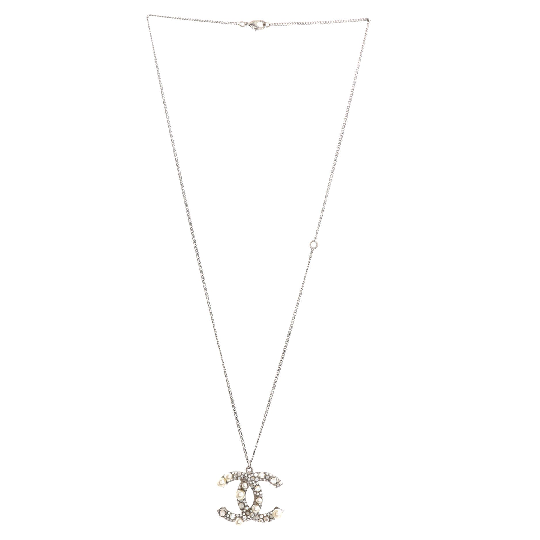 CC Pendant Necklace Metal with Crystals and Faux Pearls
