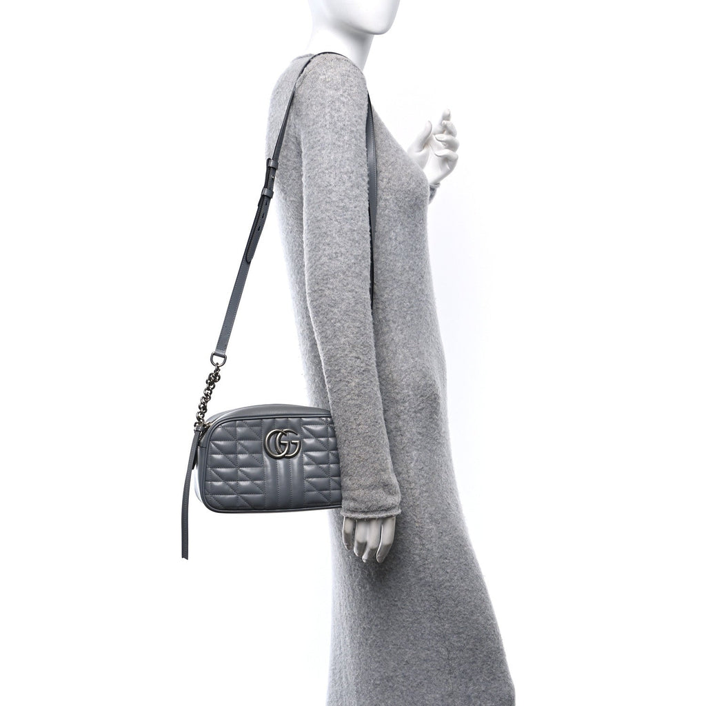 Calfskin Matelasse Aria Small GG Marmont Chain Shoulder Bag Deep Grey