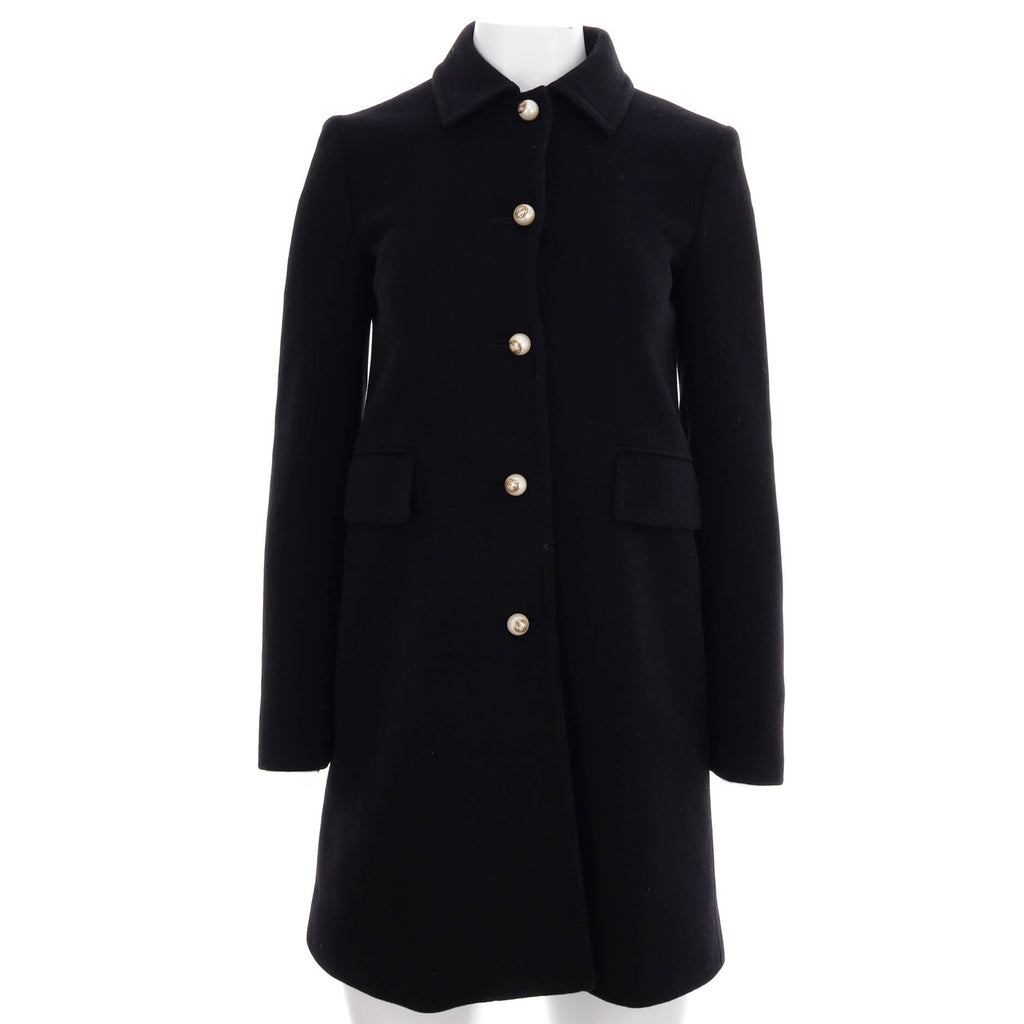 Women's Double Pocket Long Coat Wool with Faux Pearls