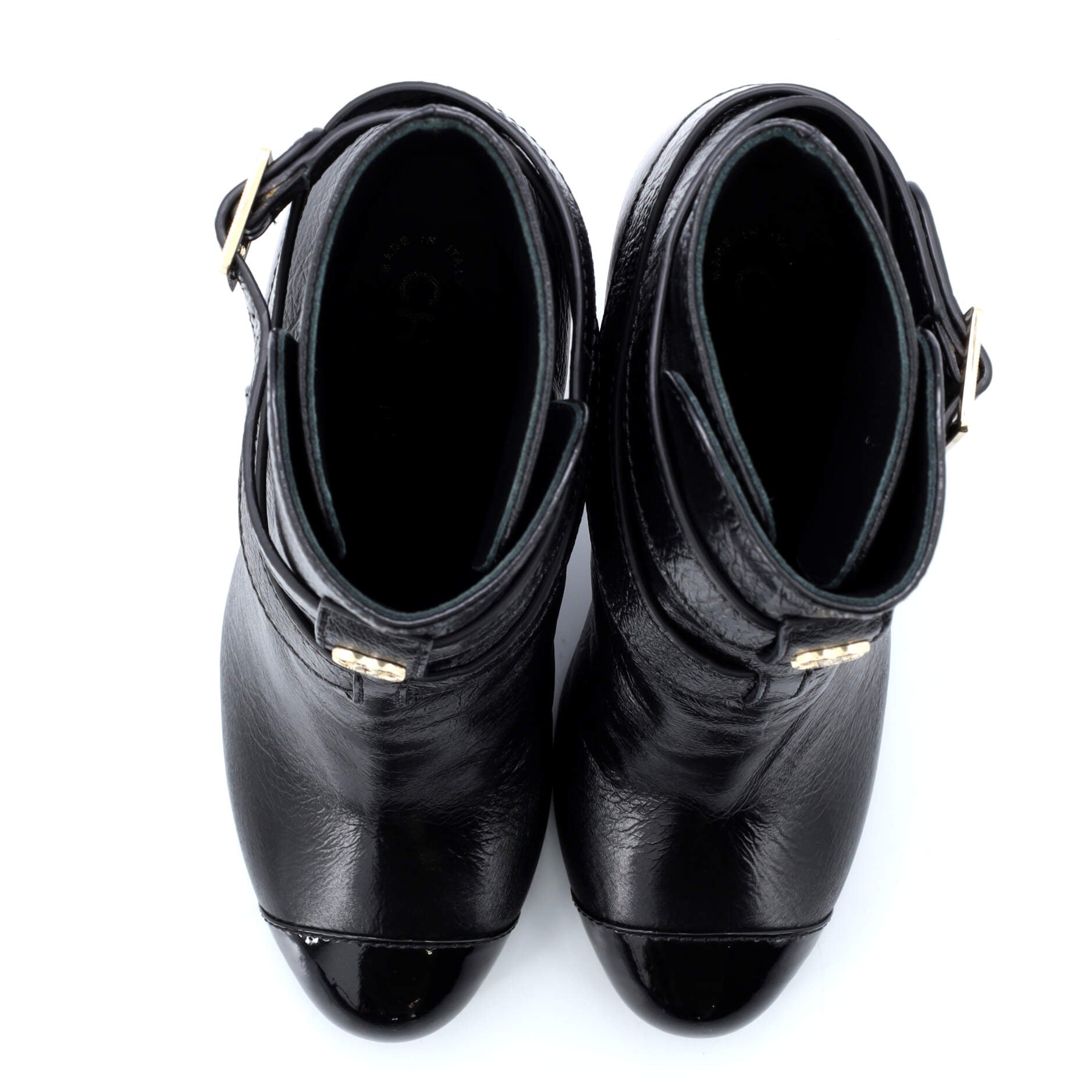 Women's CC Buckle Belt Cap Toe Ankle Boots Crumpled Calfskin with Patent
