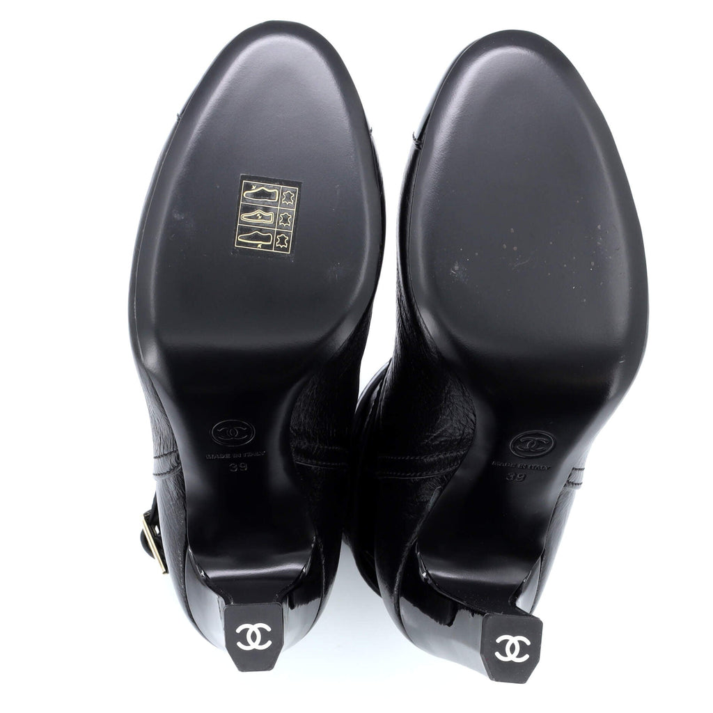 Women's CC Buckle Belt Cap Toe Ankle Boots Crumpled Calfskin with Patent