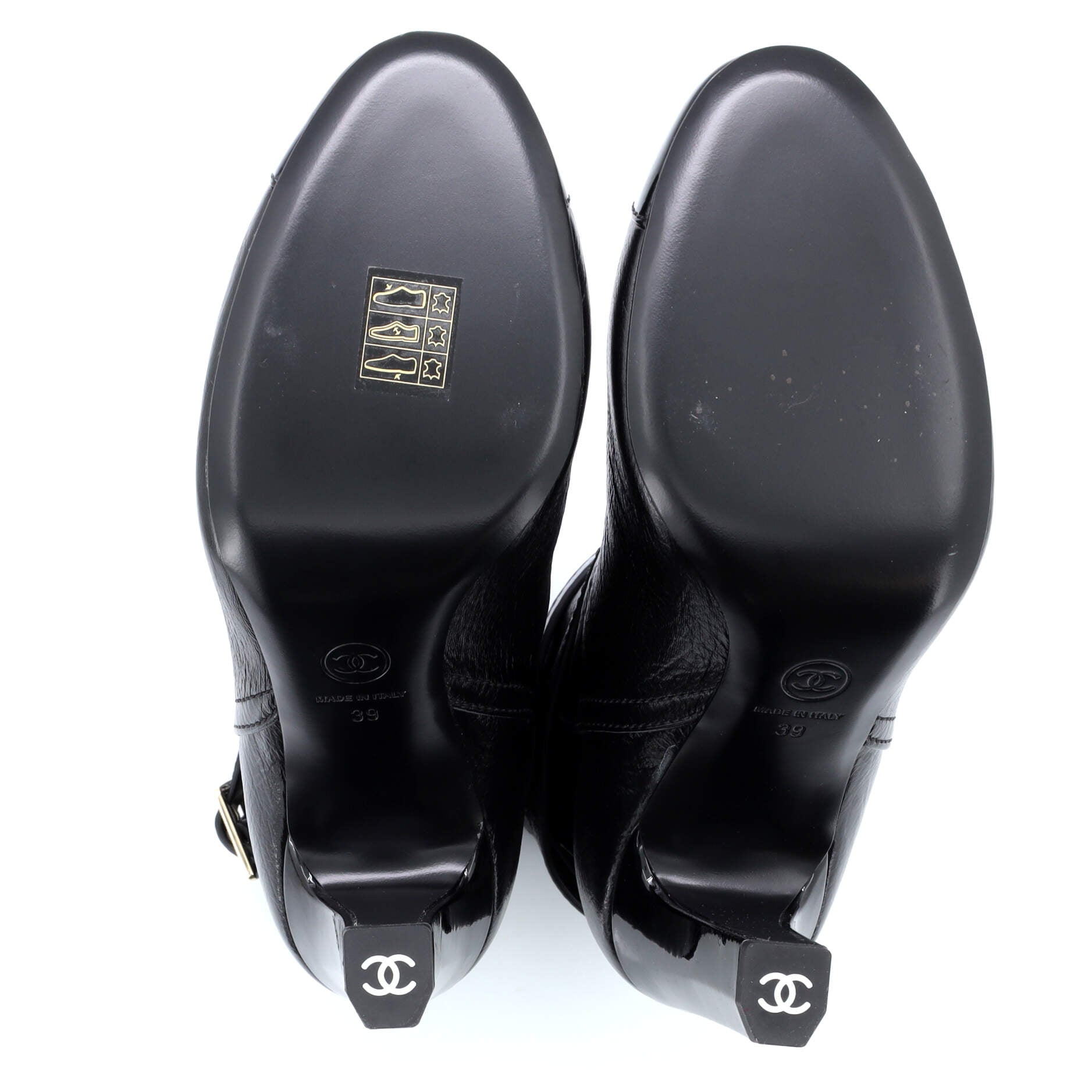 Women's CC Buckle Belt Cap Toe Ankle Boots Crumpled Calfskin with Patent
