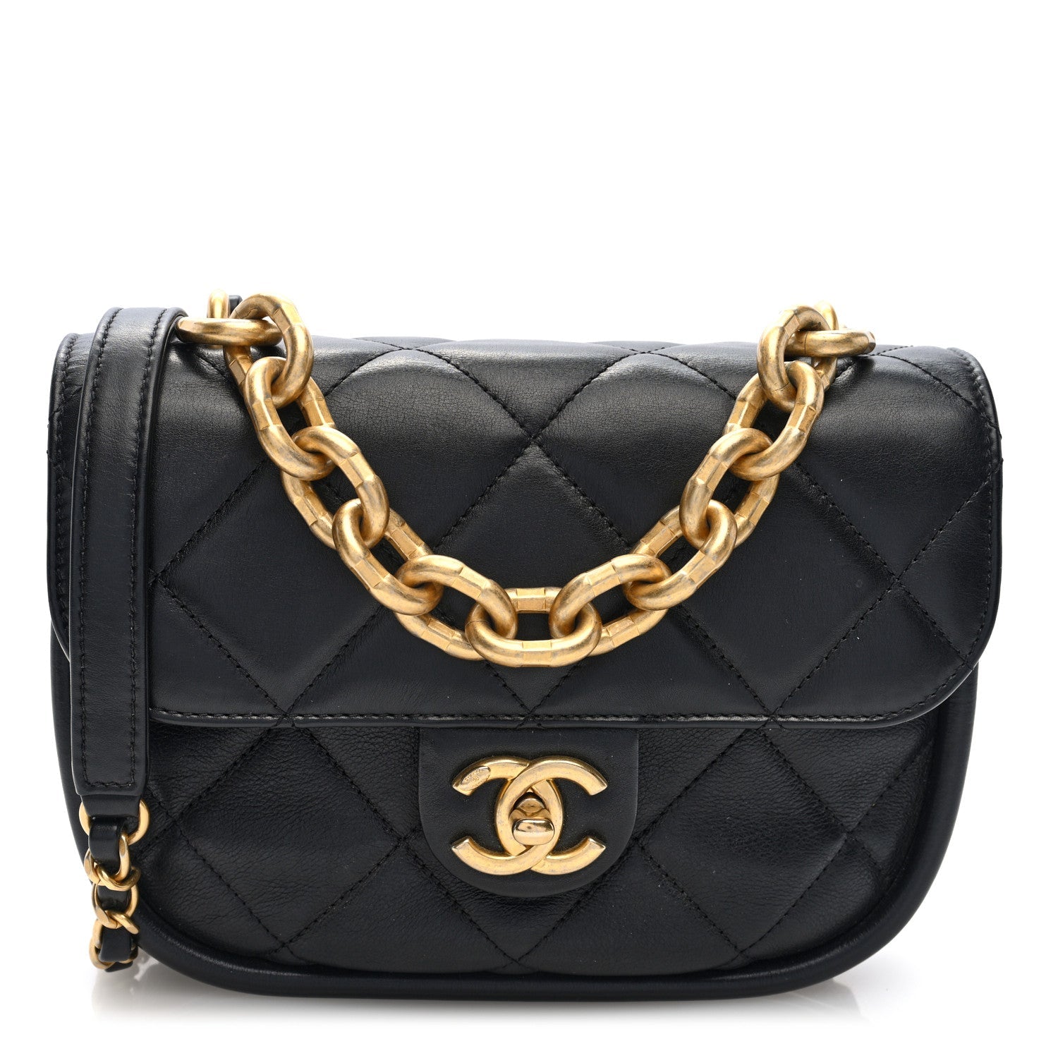 Lambskin Quilted Mini Chain Flap Messenger Bag Black