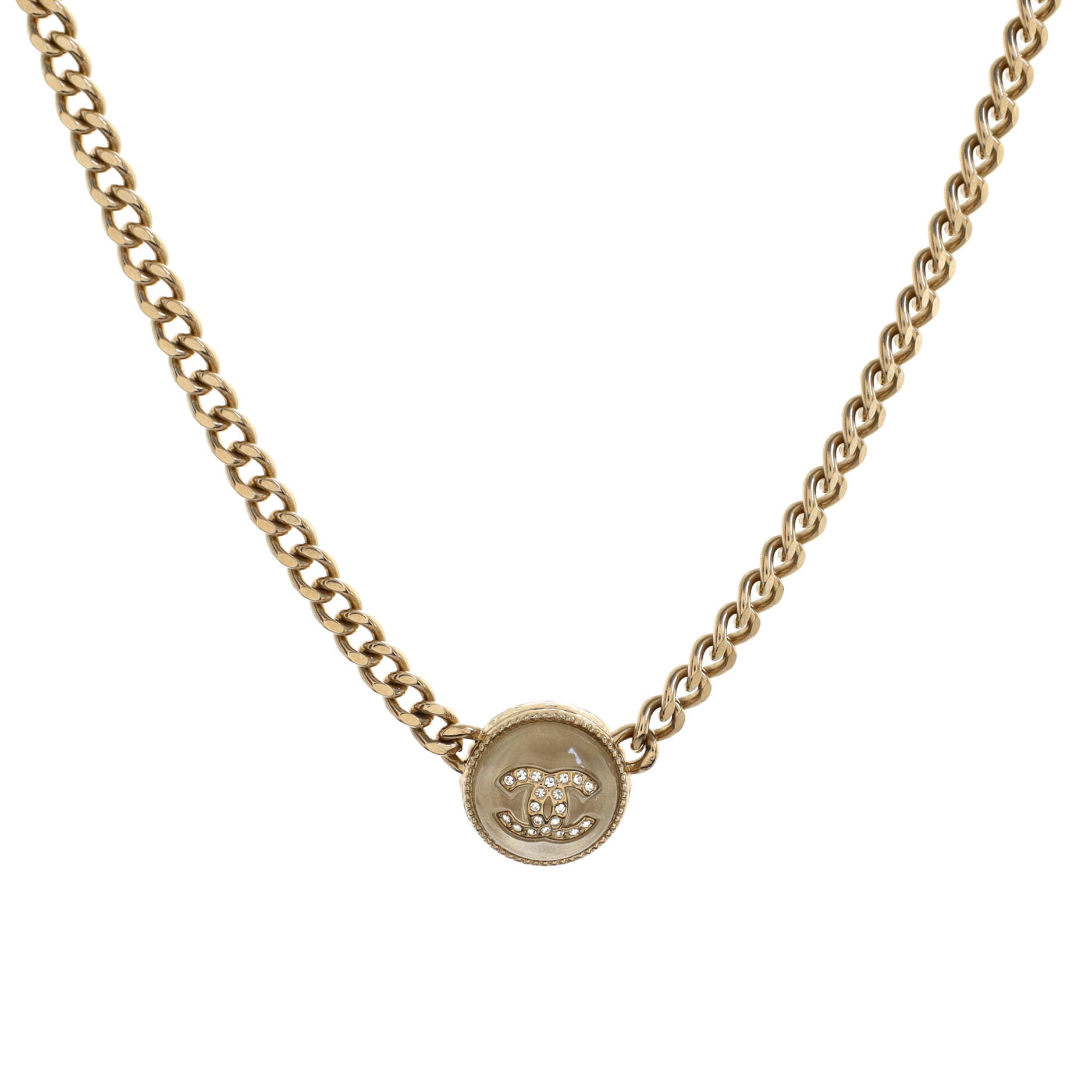 CC Round Pendant Chain Choker Necklace Metal with Resin and Crystals