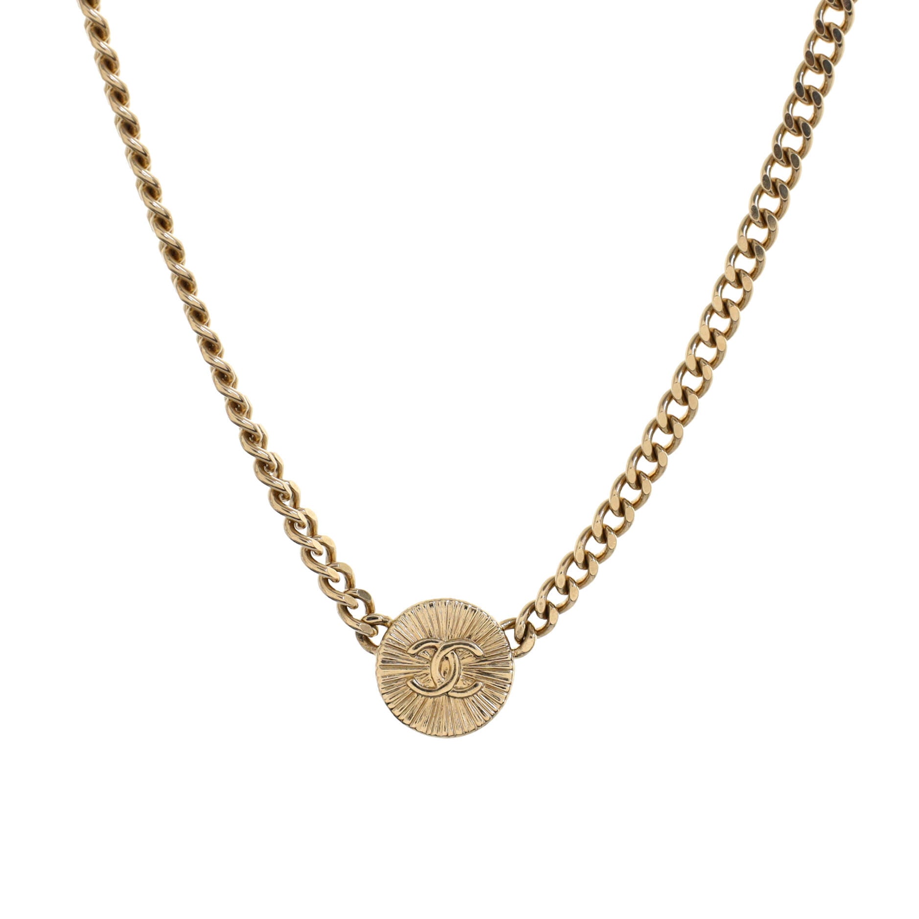 CC Round Pendant Chain Choker Necklace Metal with Resin and Crystals