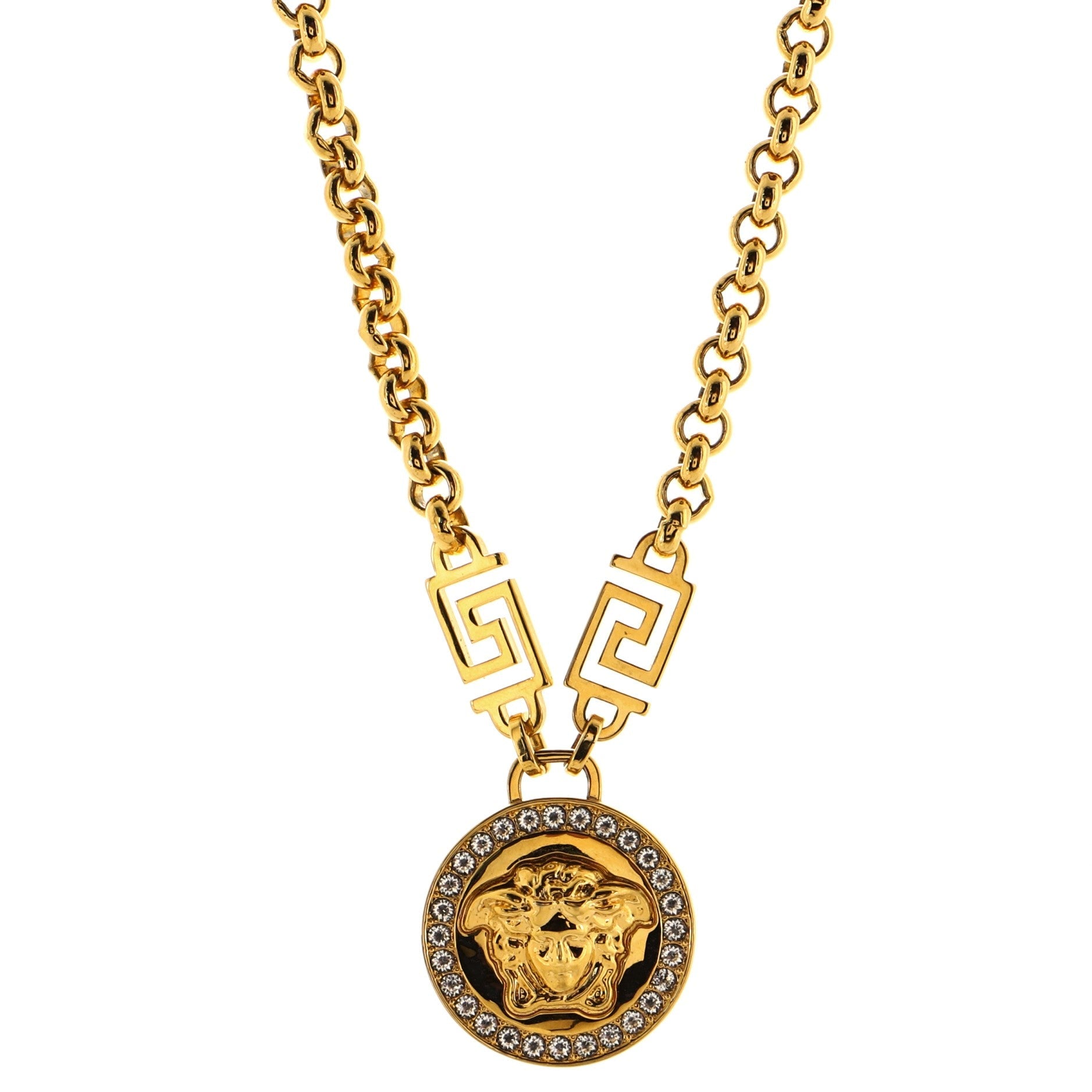 Medusa Round Pendant Necklace Metal and Crystals Small