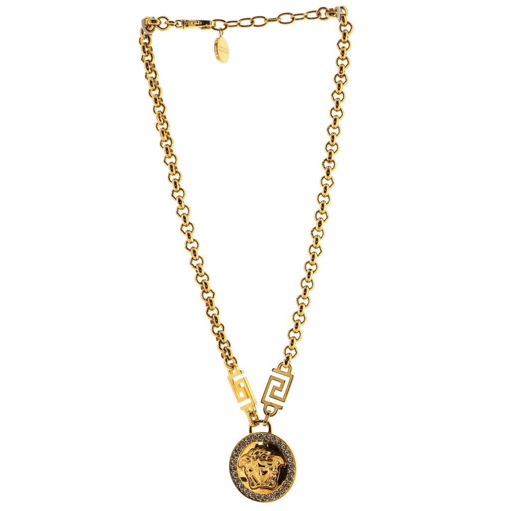 Medusa Round Pendant Necklace Metal and Crystals Small