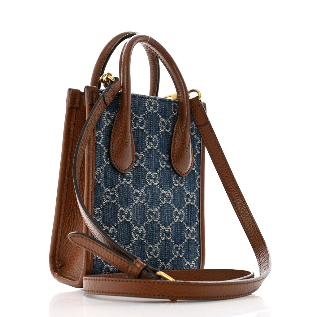 New Denim GG Monogram Dollar Calfskin Mini Retro Interlocking G Tote Bag Blue Tea Cuir Epilog