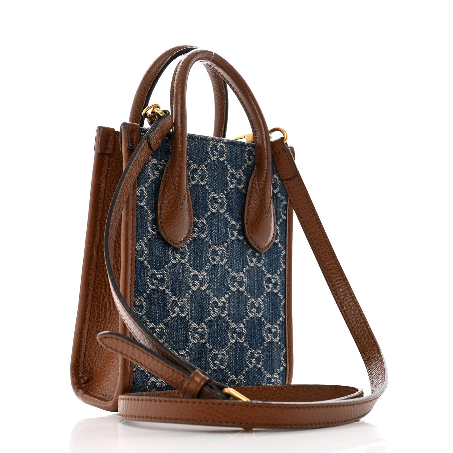 New Denim GG Monogram Dollar Calfskin Mini Retro Interlocking G Tote Bag Blue Tea Cuir Epilog