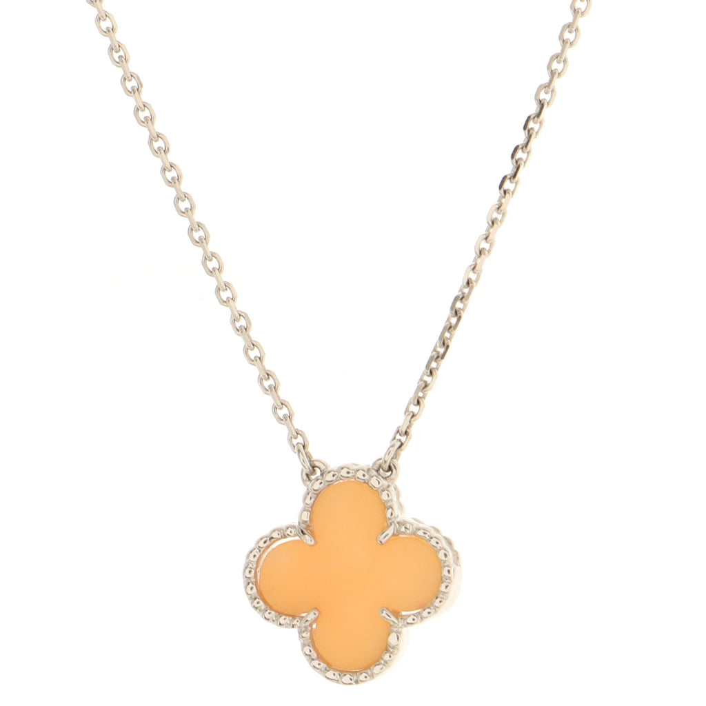 Vintage Alhambra Pendant Necklace 18K White Gold and Pink Opal