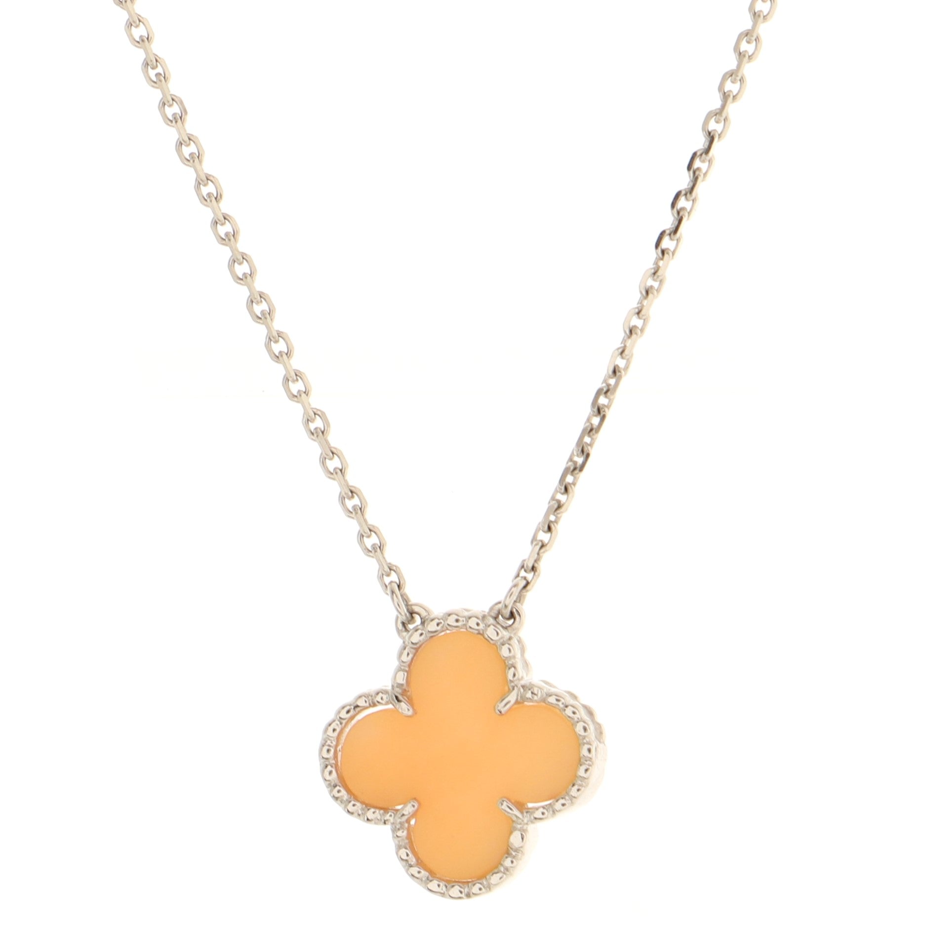 Vintage Alhambra Pendant Necklace 18K White Gold and Pink Opal
