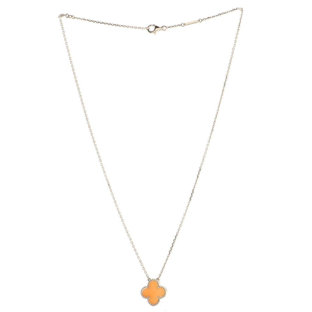 Vintage Alhambra Pendant Necklace 18K White Gold and Pink Opal