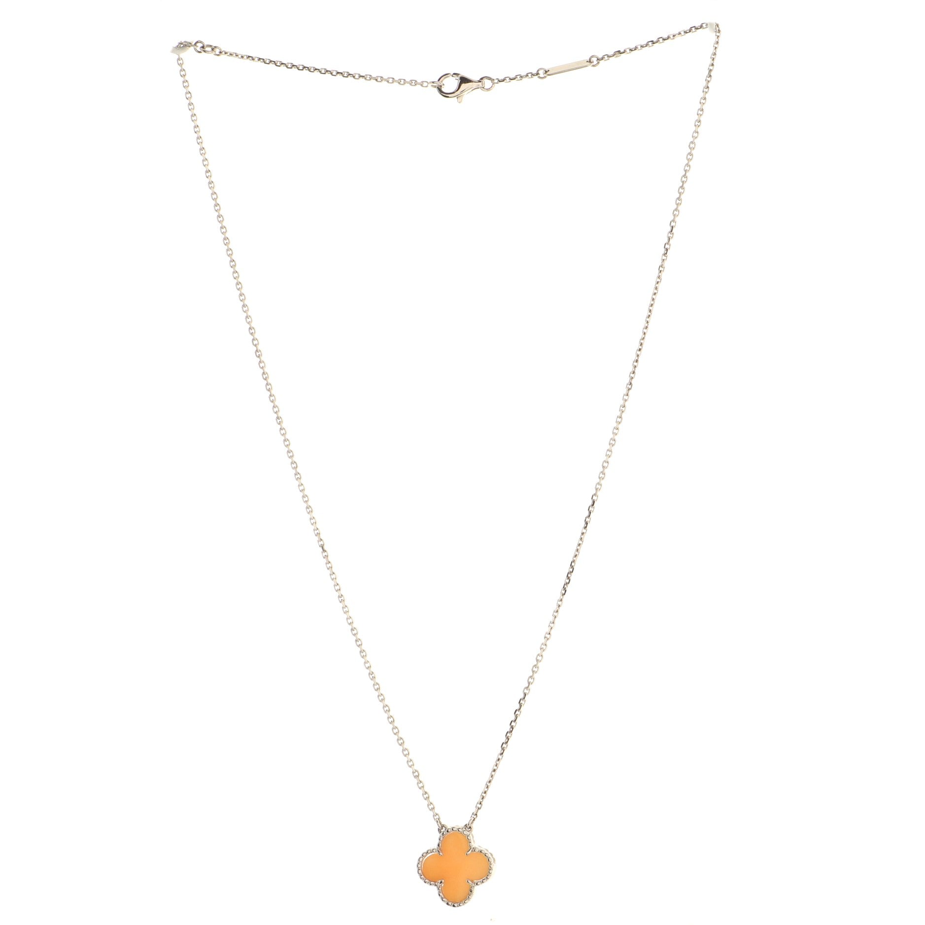 Vintage Alhambra Pendant Necklace 18K White Gold and Pink Opal