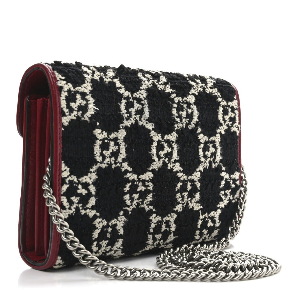 Tweed GG Monogram Mini Dionysus Chain Wallet Black White Romantic Cherry