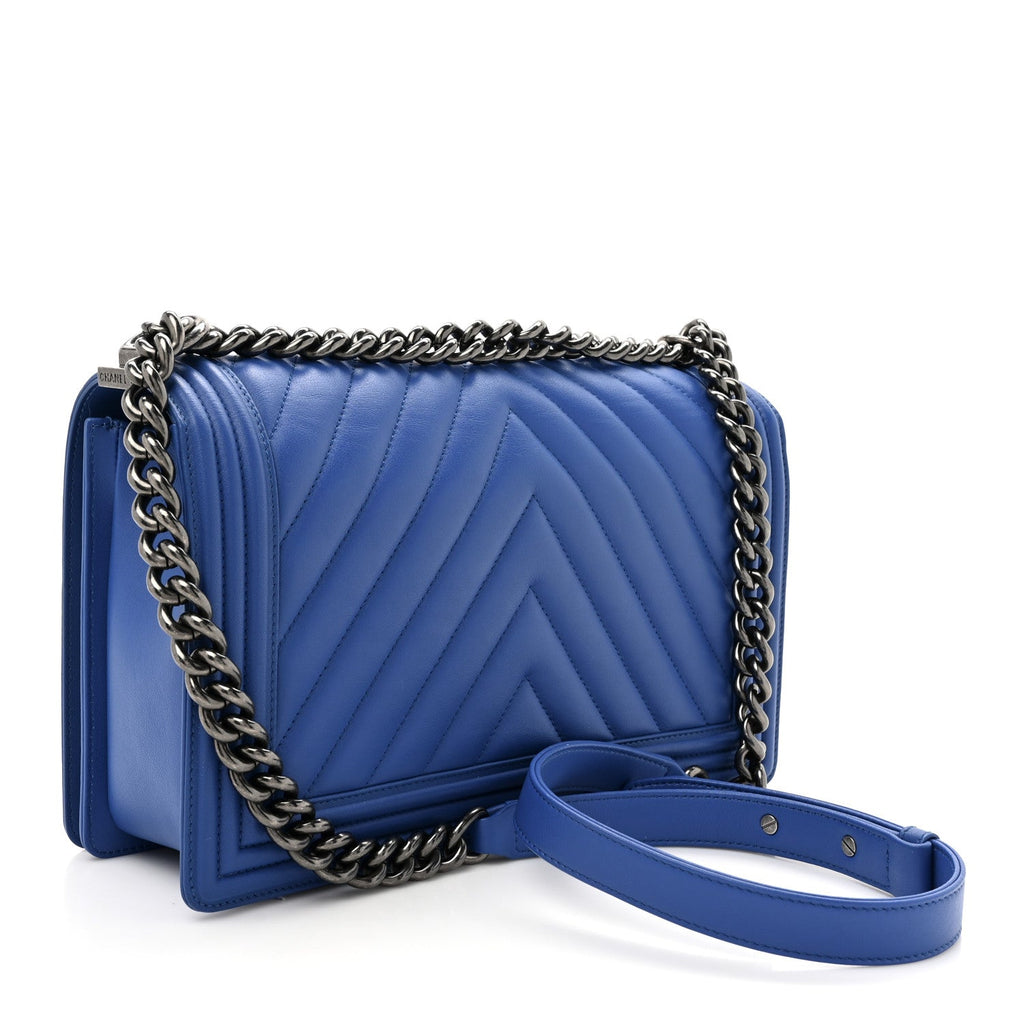 Lambskin Chevron Quilted New Medium Boy Flap Bright Blue