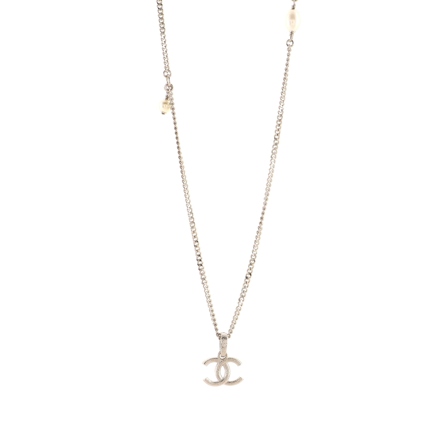 CC Pendant Long Necklace Metal with Faux Pearls and Crystals