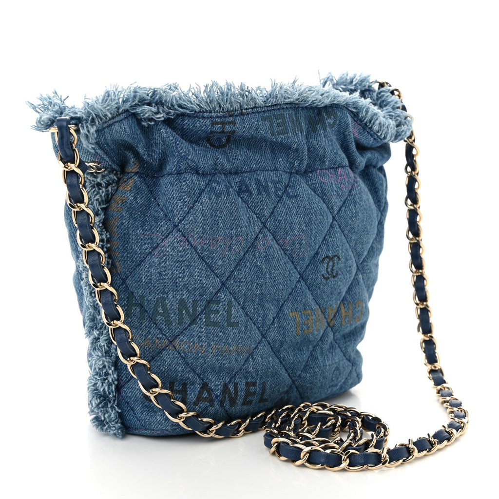 Denim Quilted Small Mood Bucket With Chain Blue Multicolor