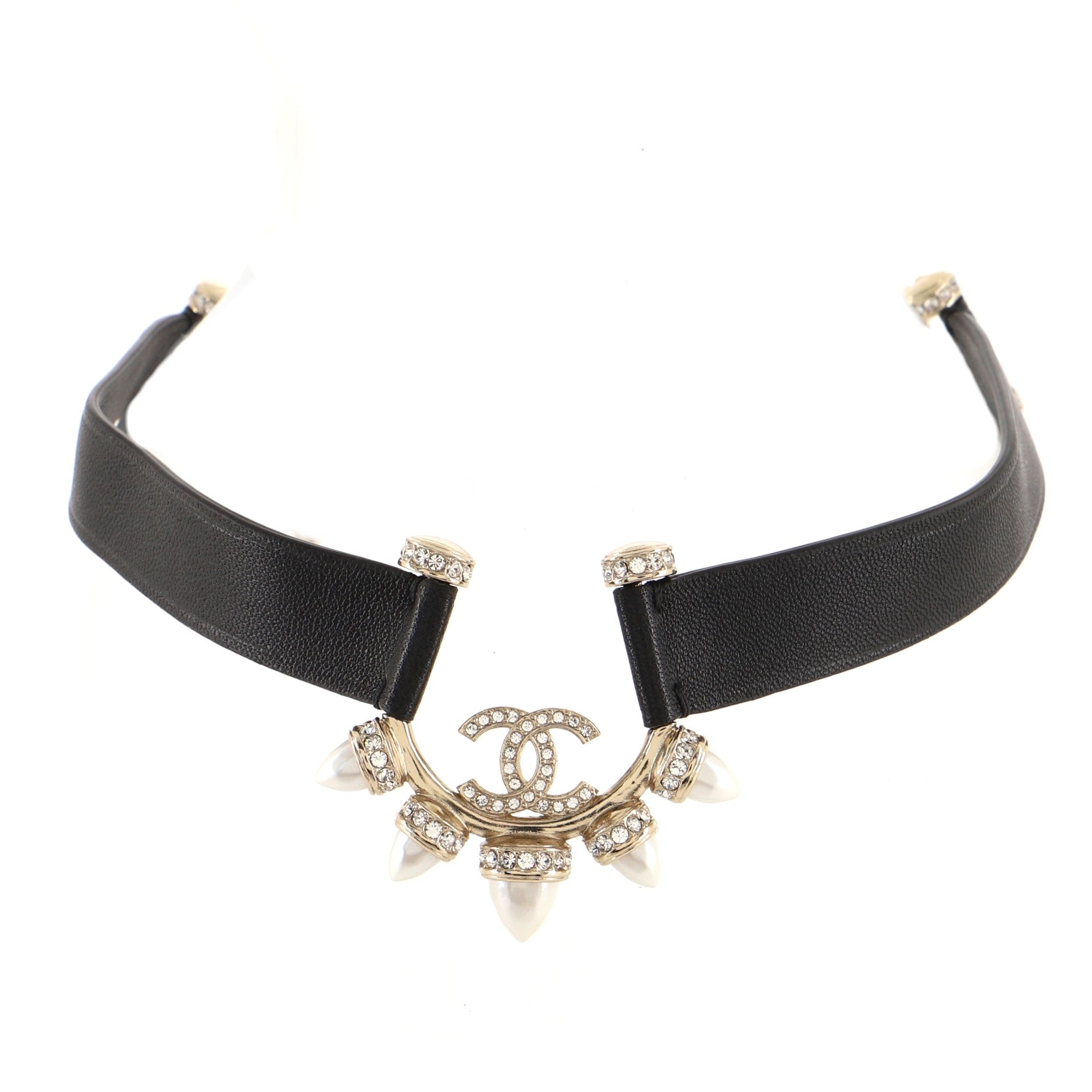 Spiked CC Choker Necklace Lambskin with Metal, Crystals and Resin