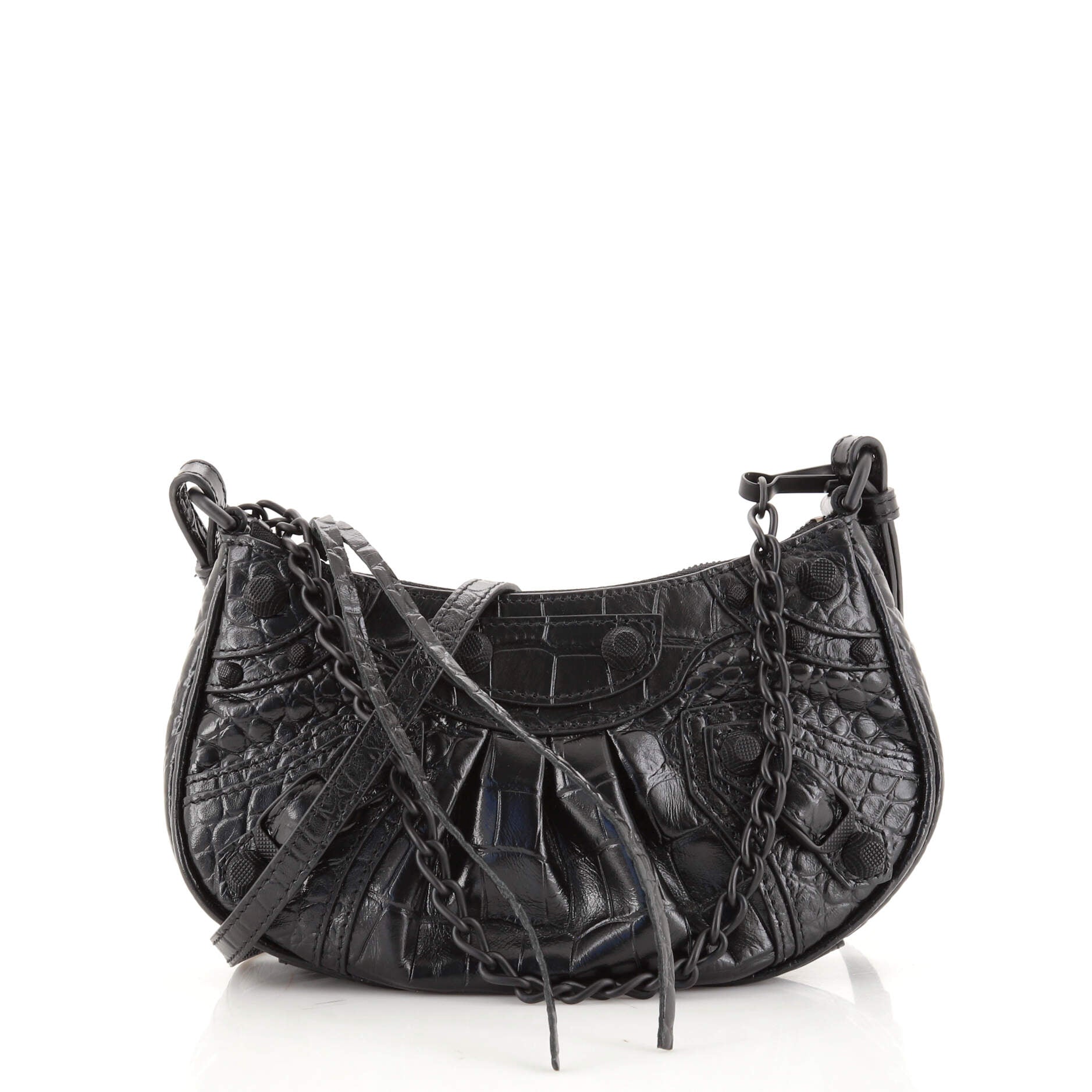 Le Cagole Giant Studs Shoulder Bag Crocodile Embossed Leather Mini