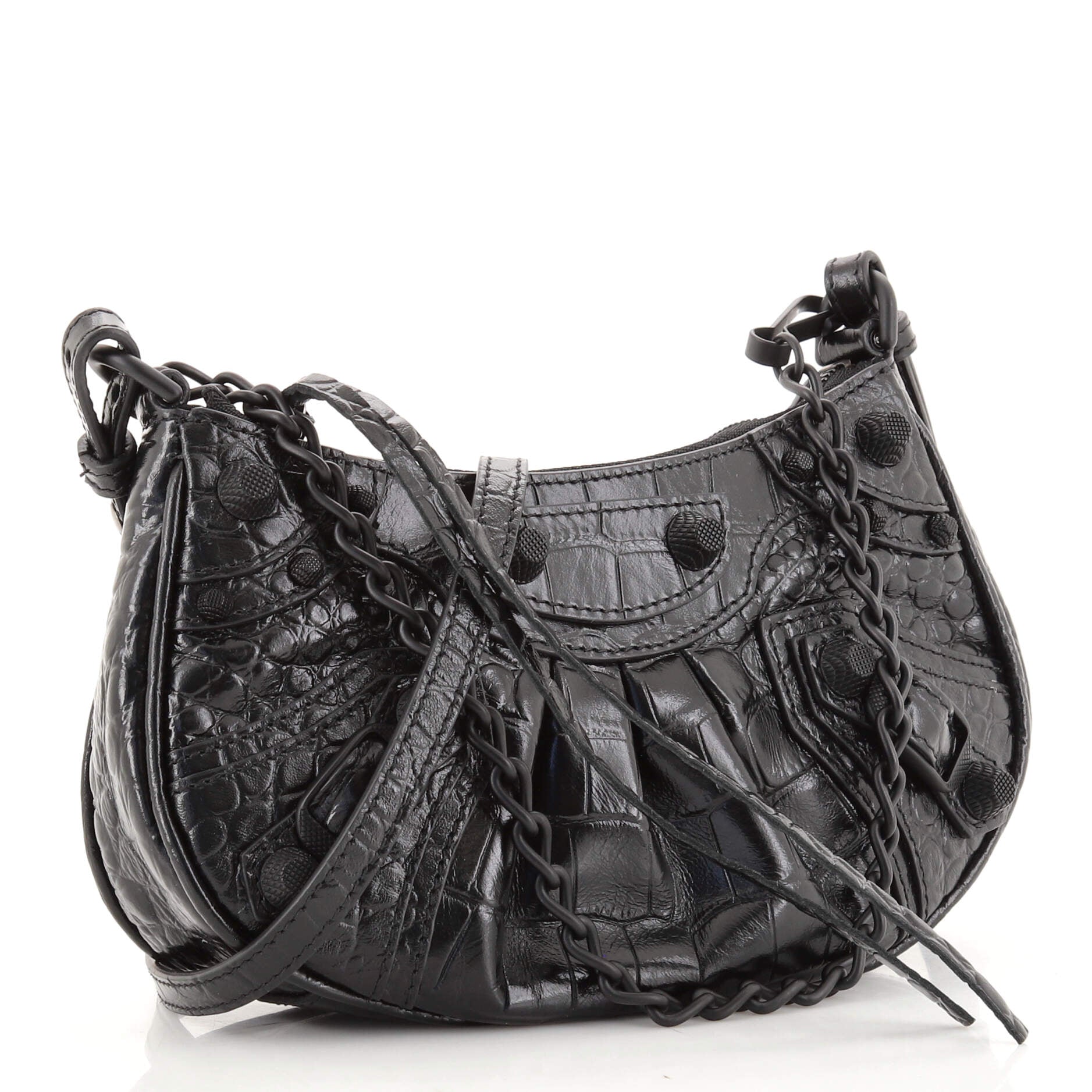 Le Cagole Giant Studs Shoulder Bag Crocodile Embossed Leather Mini