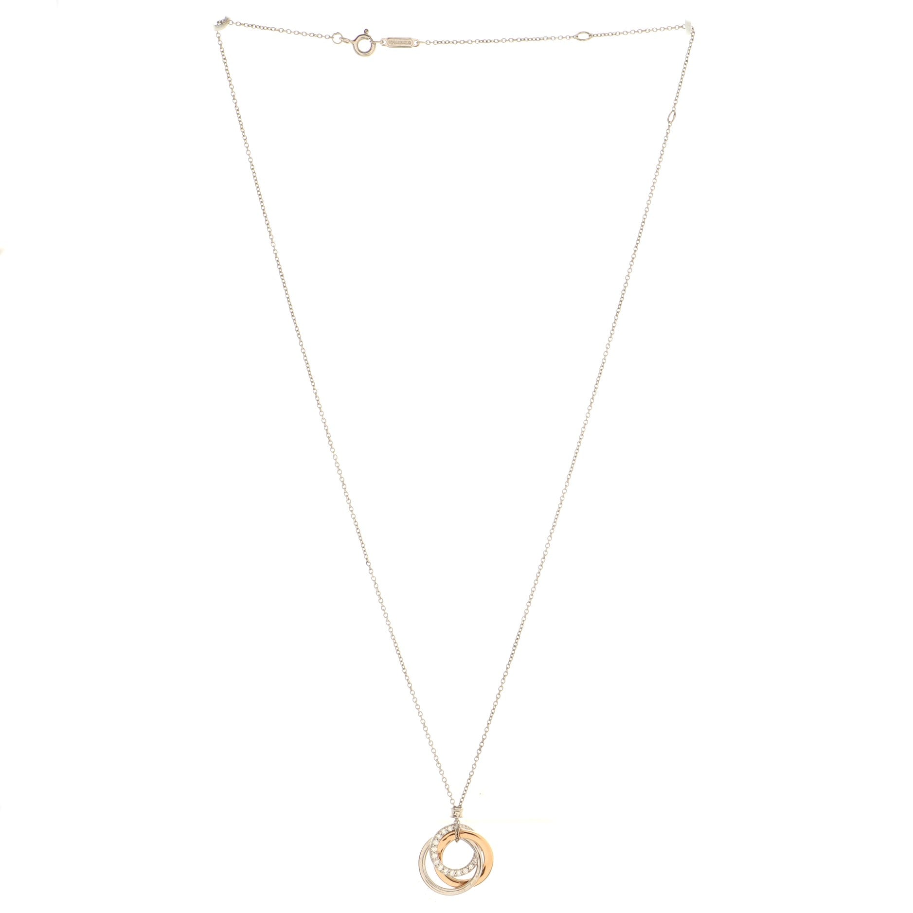 Triple Interlocking Circles Pendant Necklace 18k White Gold with 18k Rose Gold and Diamonds