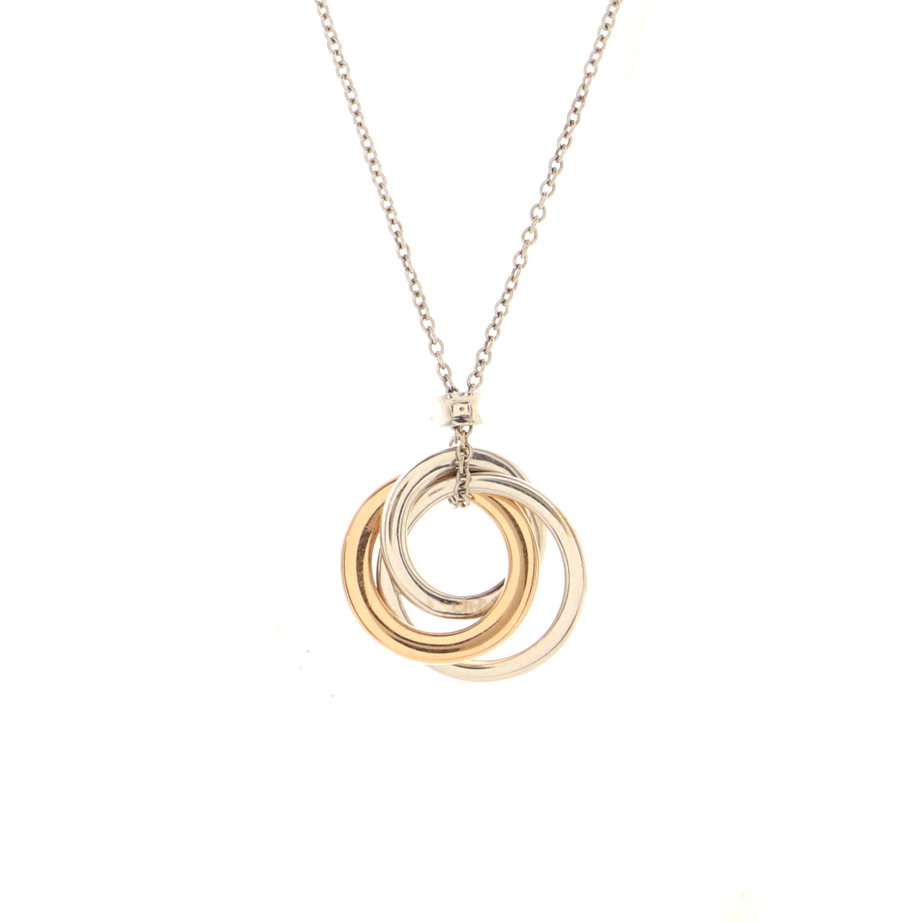 Triple Interlocking Circles Pendant Necklace 18k White Gold with 18k Rose Gold and Diamonds