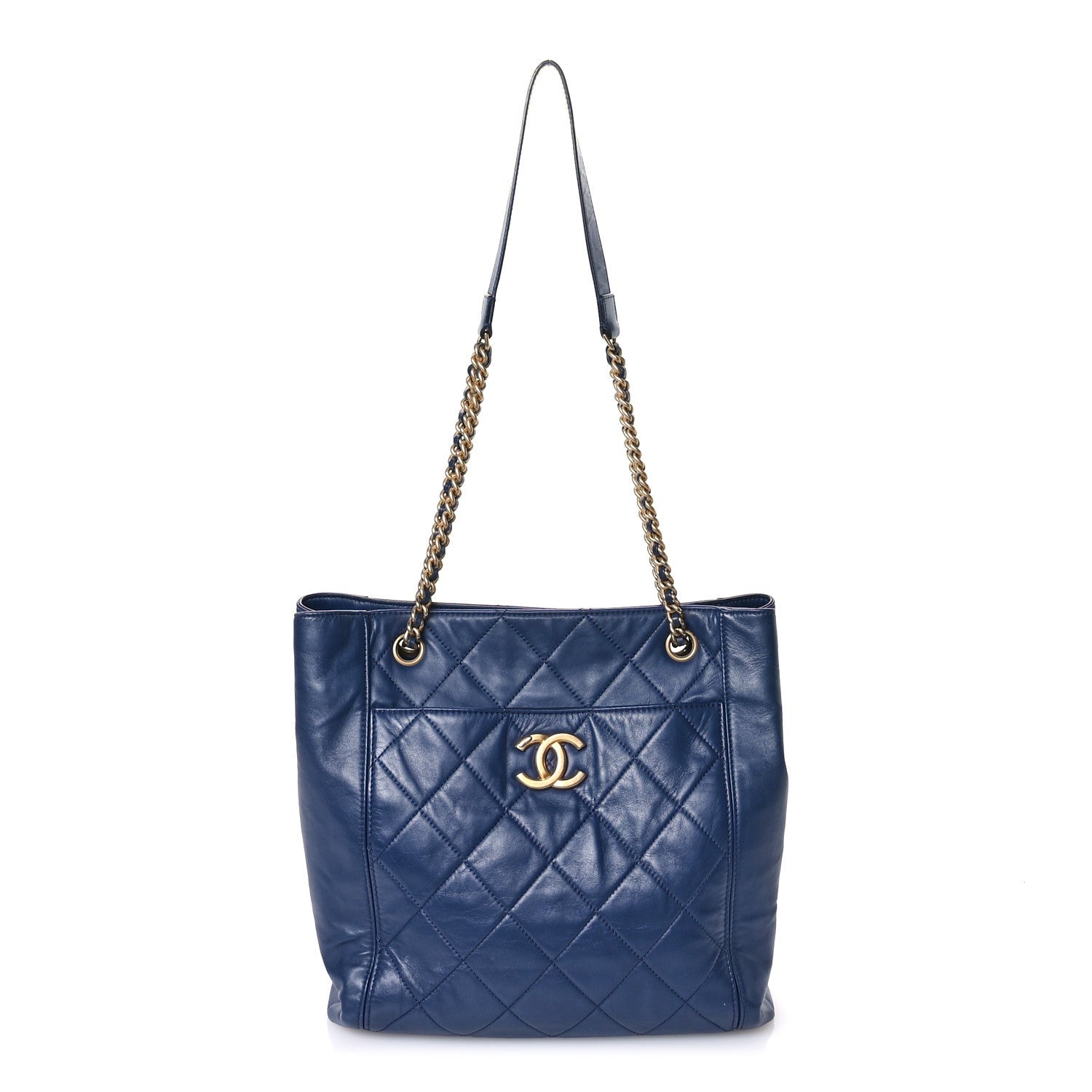 Calfskin Quilted CC Front Pocket Shopping Tote Navy