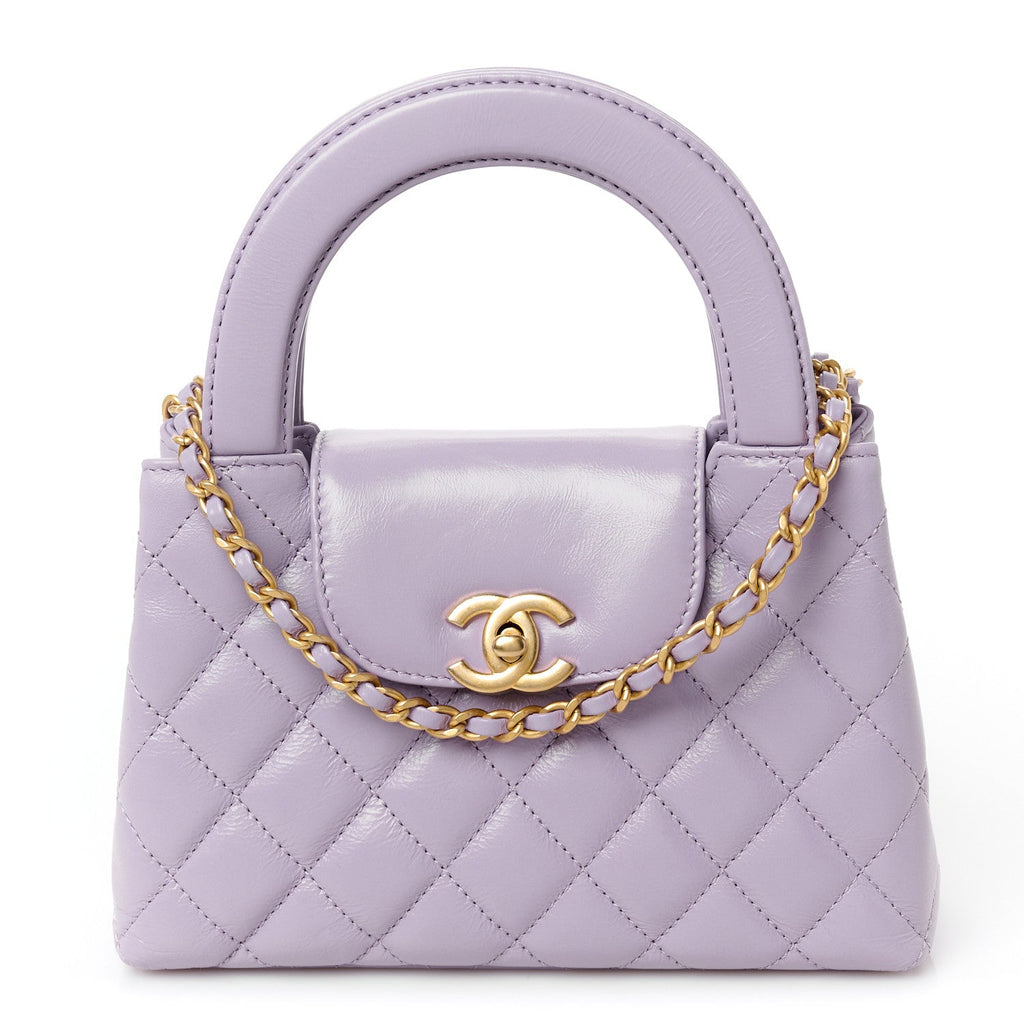 Shiny Aged Calfskin Quilted Nano Kelly Shopper Lilac