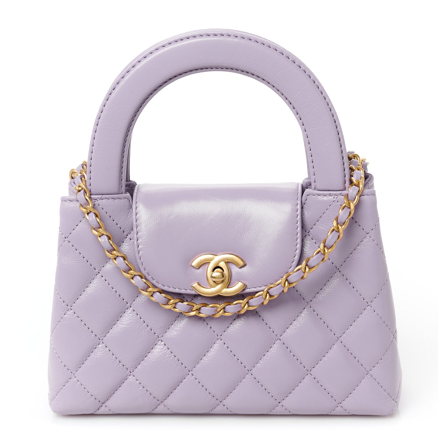 Shiny Aged Calfskin Quilted Nano Kelly Shopper Lilac