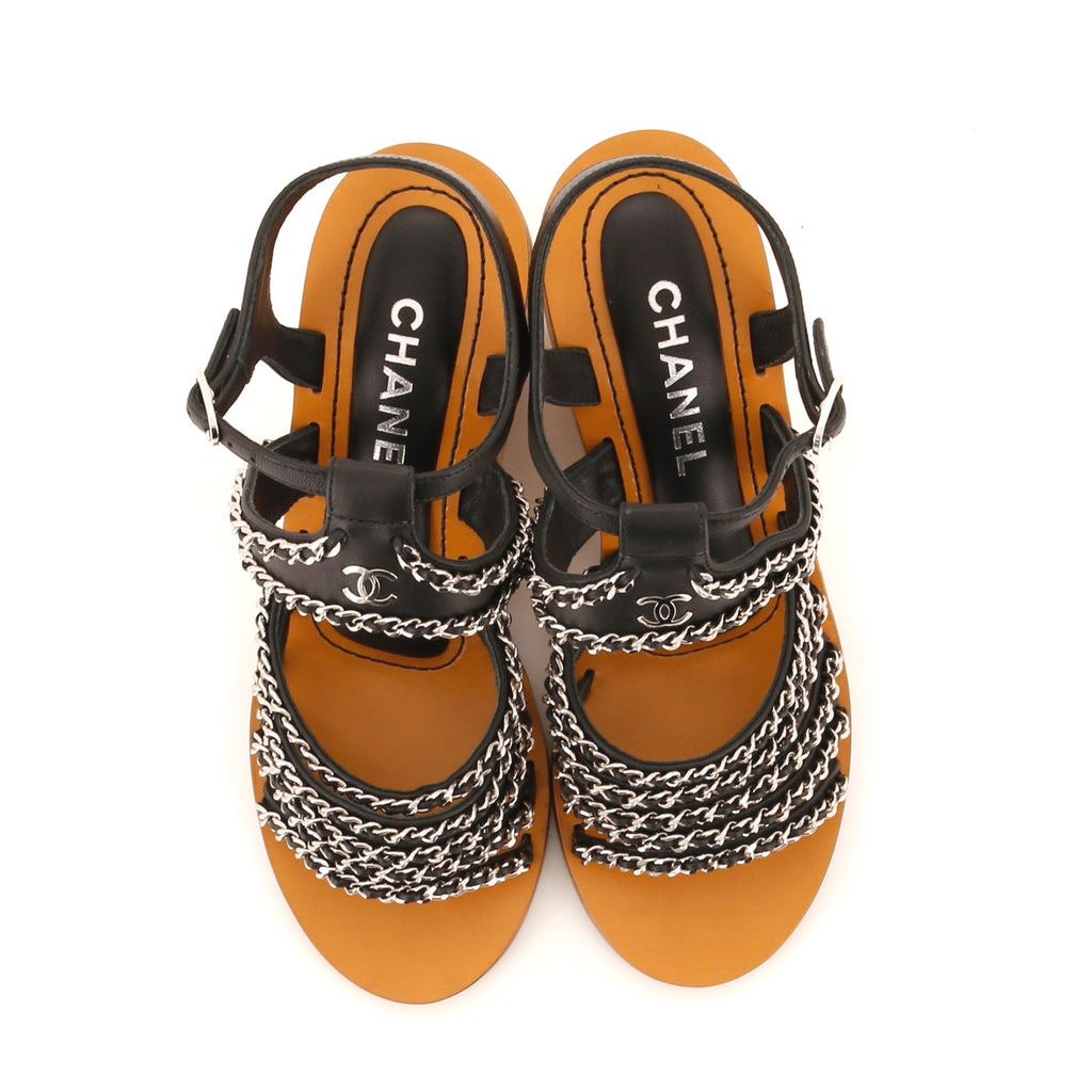 Women's Multi-Chain Wedge Sandals Leather and Wood