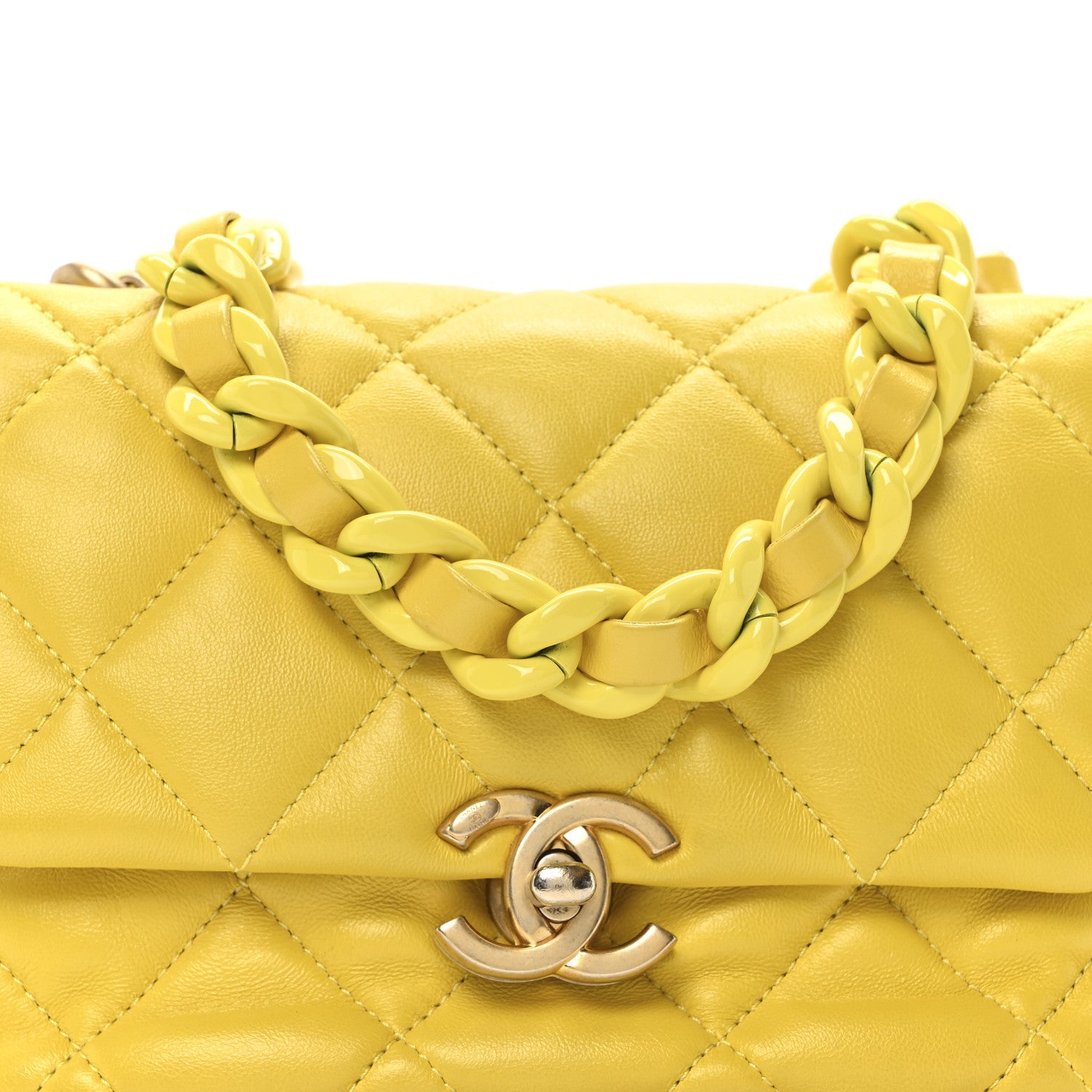 Lambskin Quilted Mini Lacquered Chain Flap Yellow