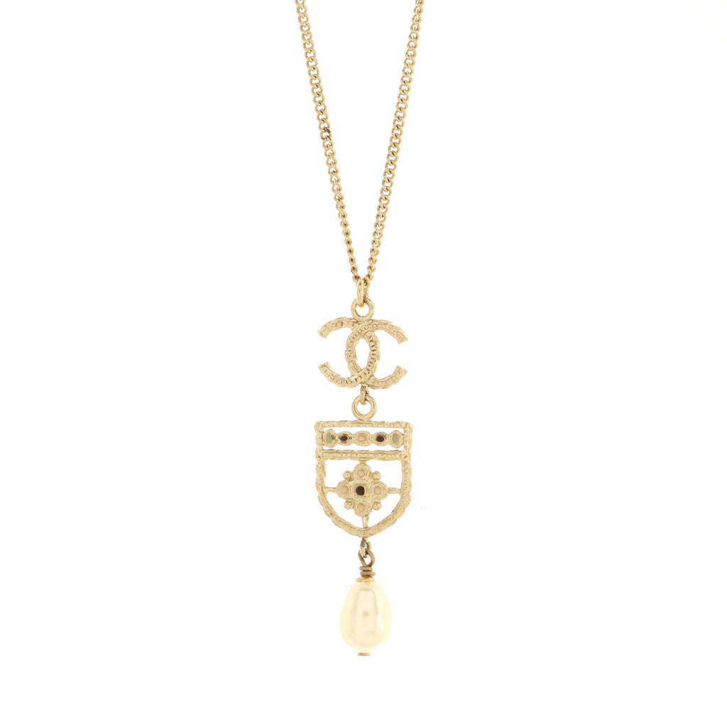 CC Shield Pendant Necklace Metal with Faux Pearl and Resin