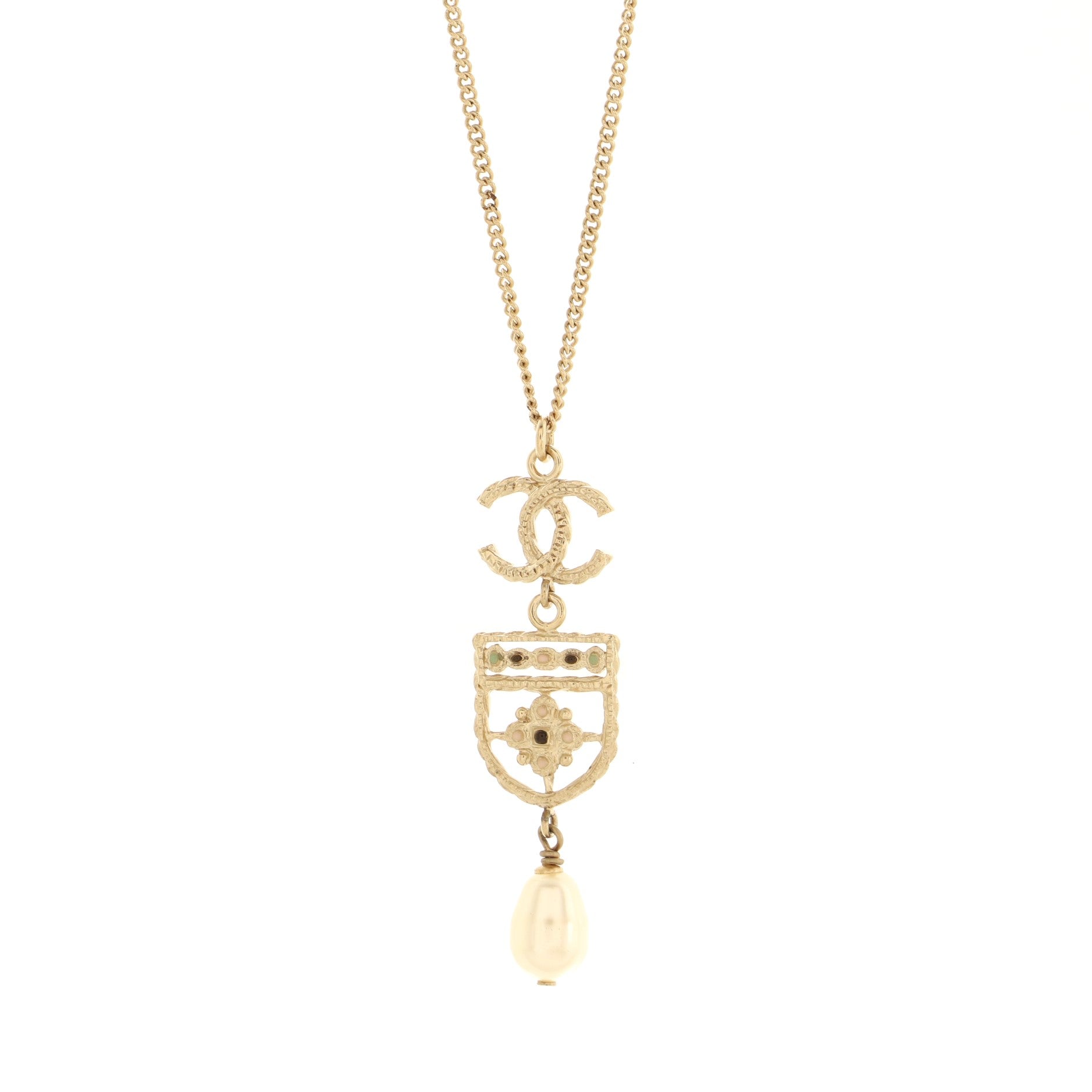 CC Shield Pendant Necklace Metal with Faux Pearl and Resin