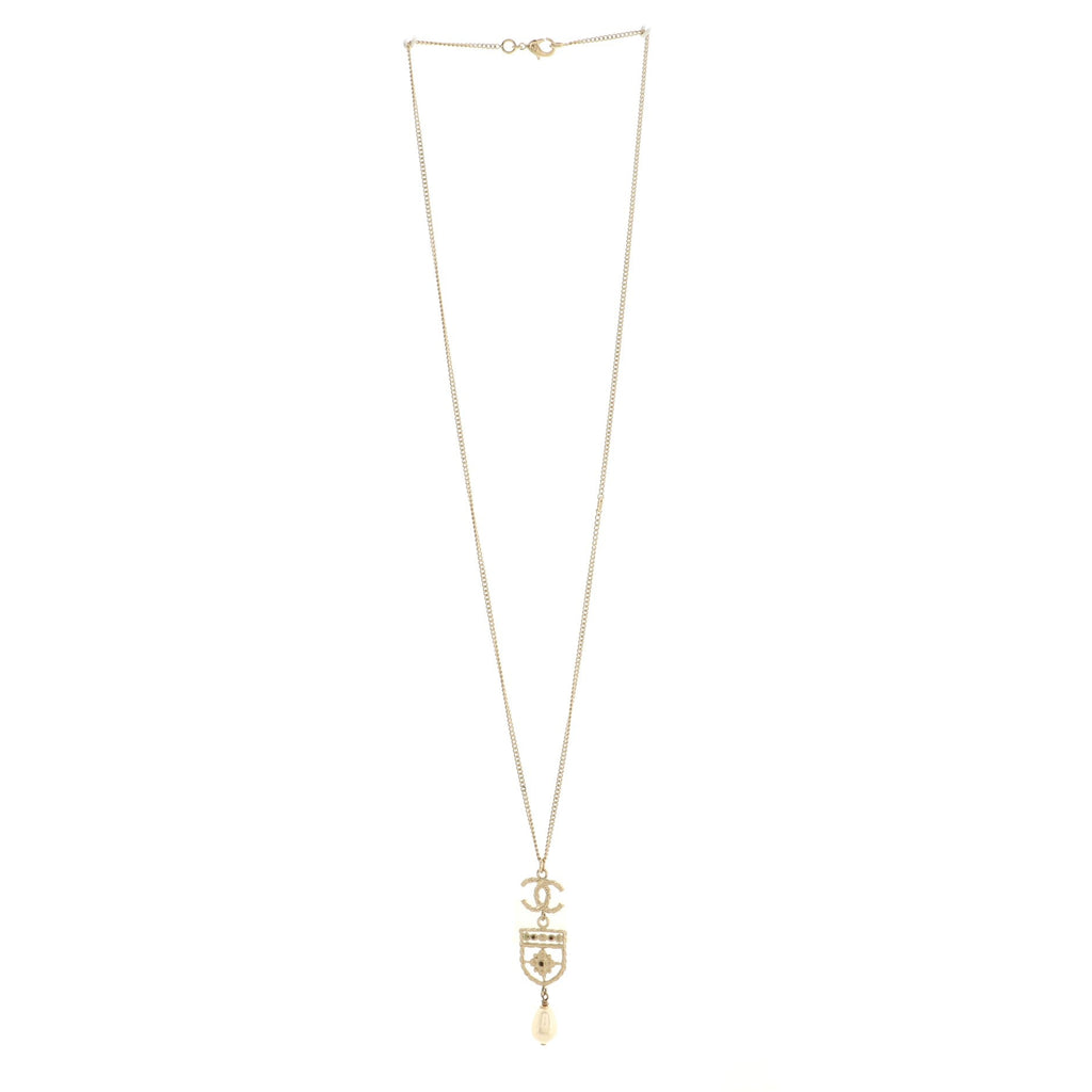 CC Shield Pendant Necklace Metal with Faux Pearl and Resin