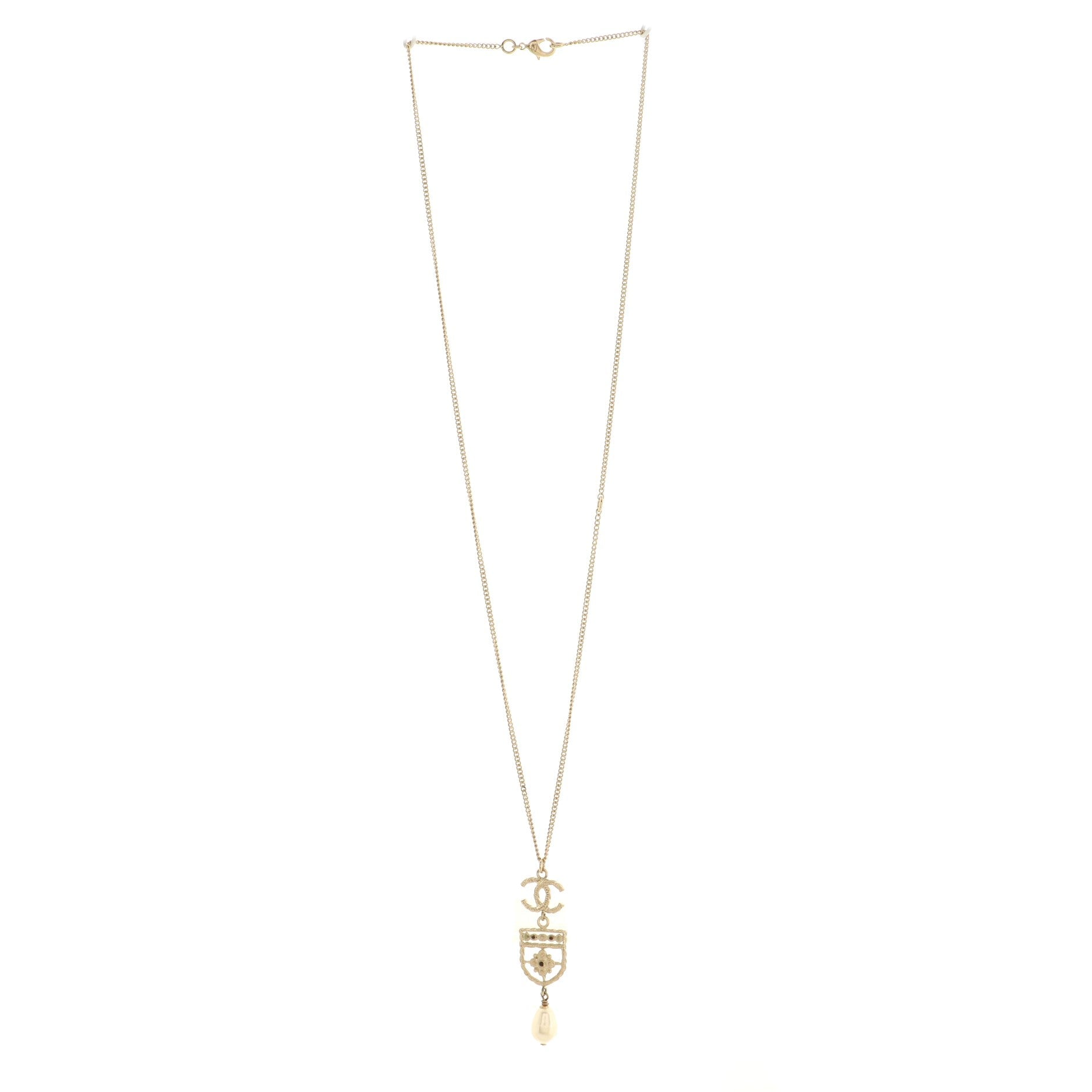 CC Shield Pendant Necklace Metal with Faux Pearl and Resin