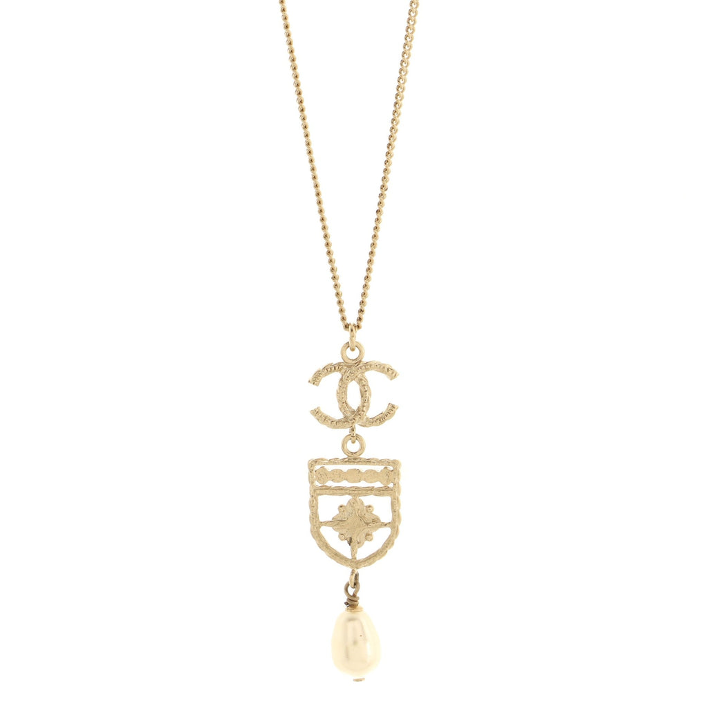 CC Shield Pendant Necklace Metal with Faux Pearl and Resin