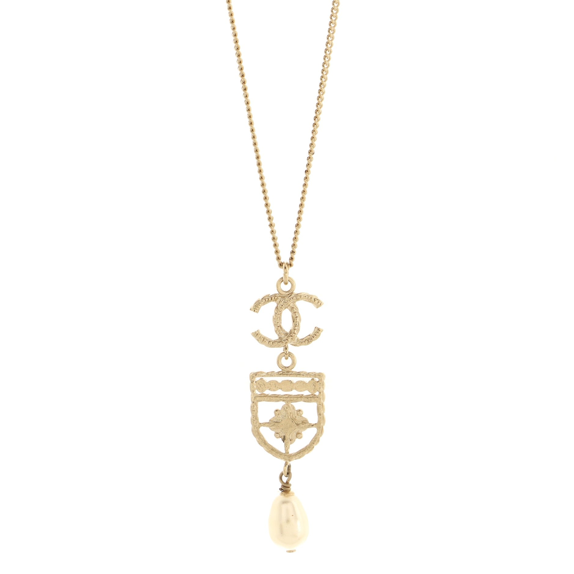 CC Shield Pendant Necklace Metal with Faux Pearl and Resin