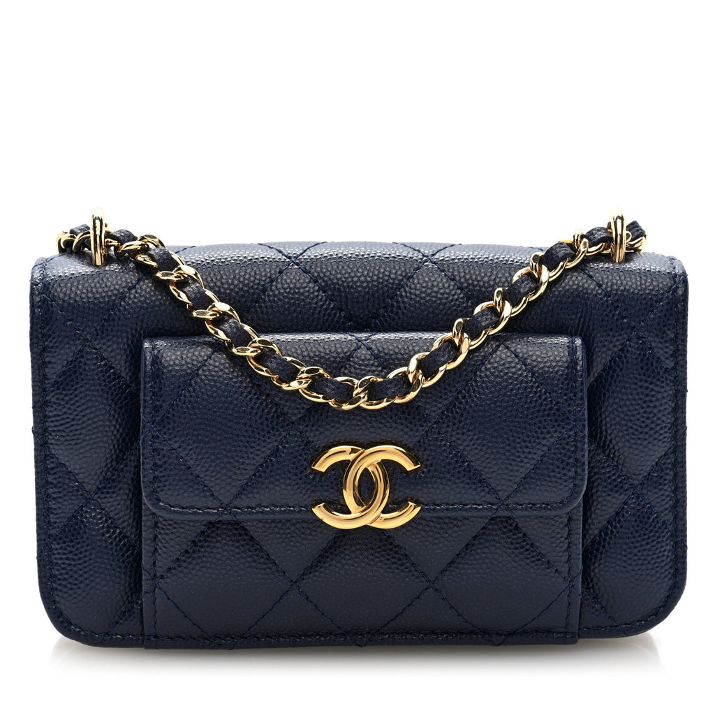 Caviar Quilted Pocket Twins Clutch With Chain Navy Blue