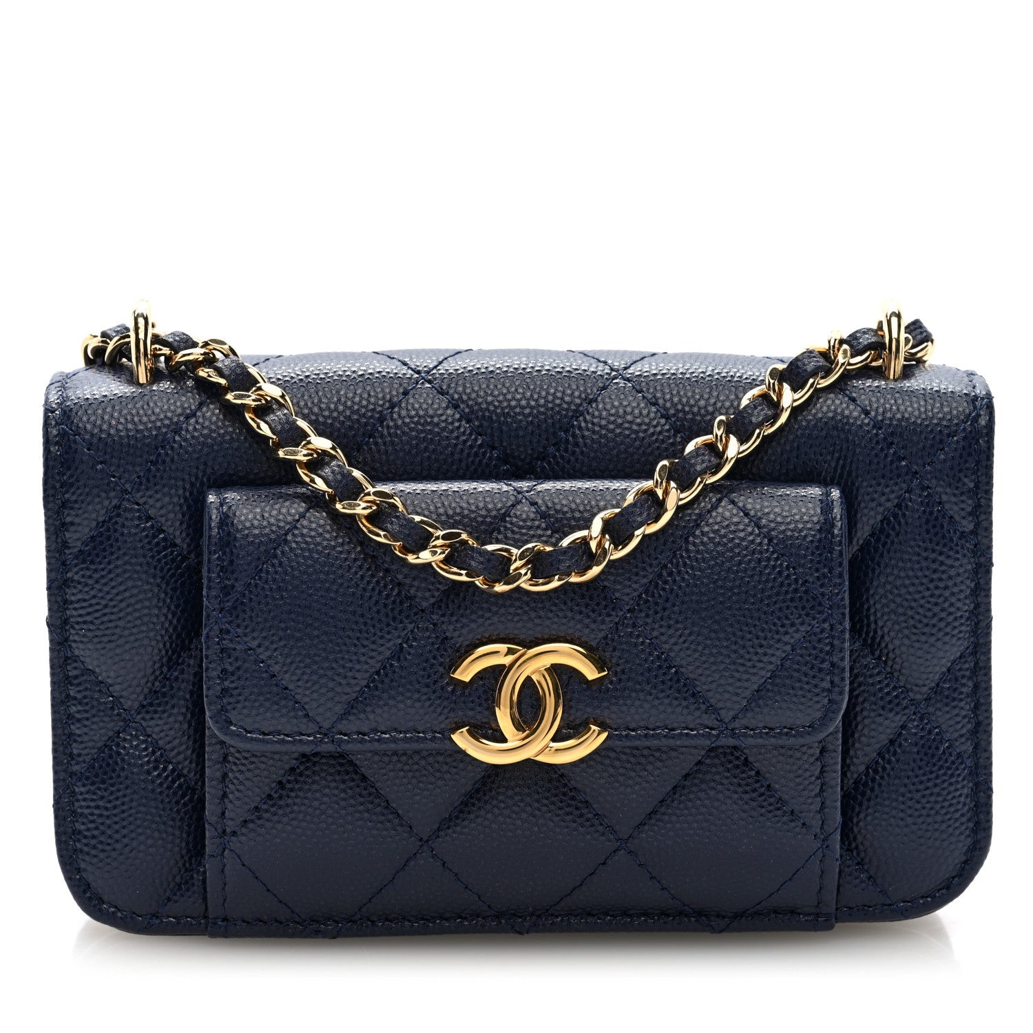 Caviar Quilted Pocket Twins Clutch With Chain Navy Blue