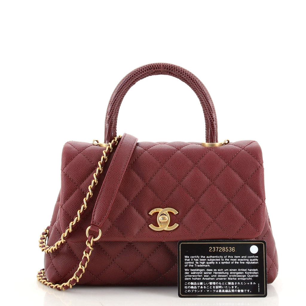 Coco Top Handle Bag Quilted Caviar with Lizard Embossed Handle Mini