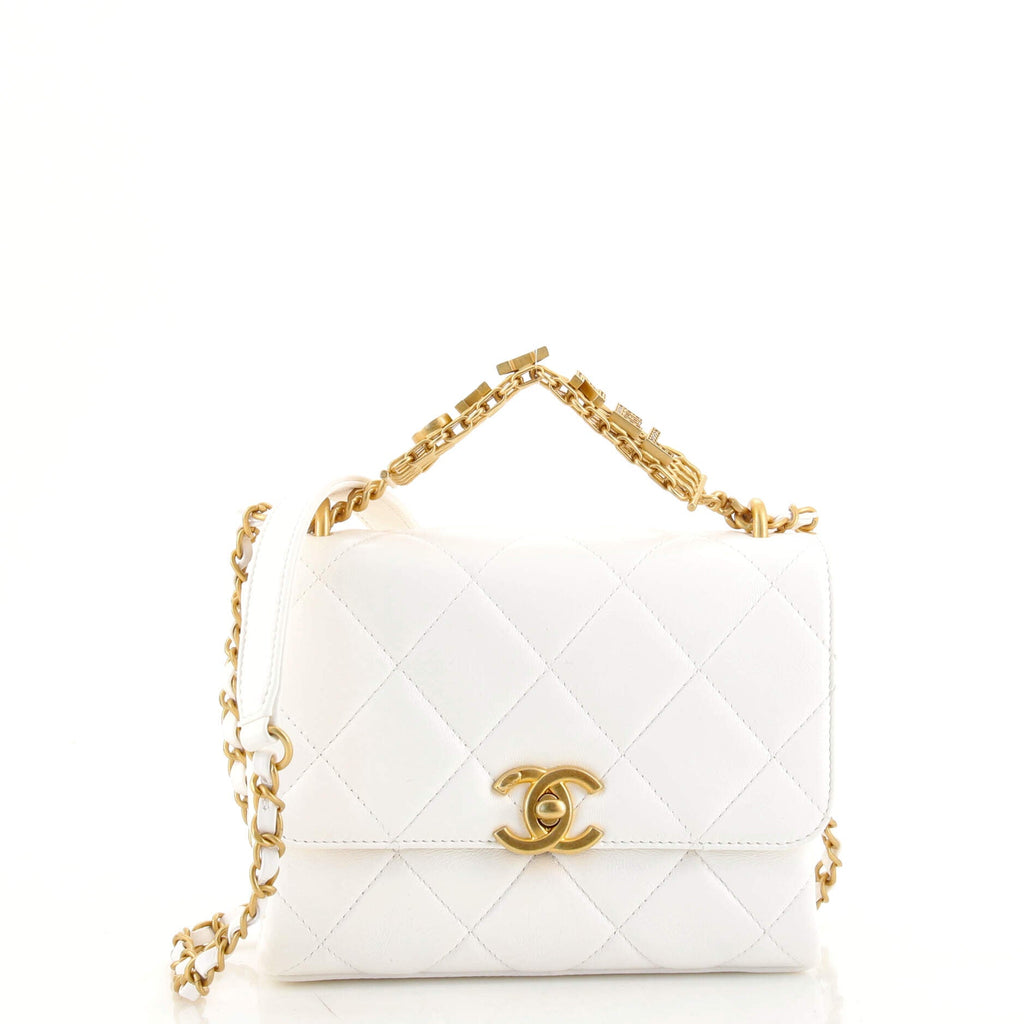 Crystal Logo Letters Chain Handle Flap Bag Quilted Lambskin Mini