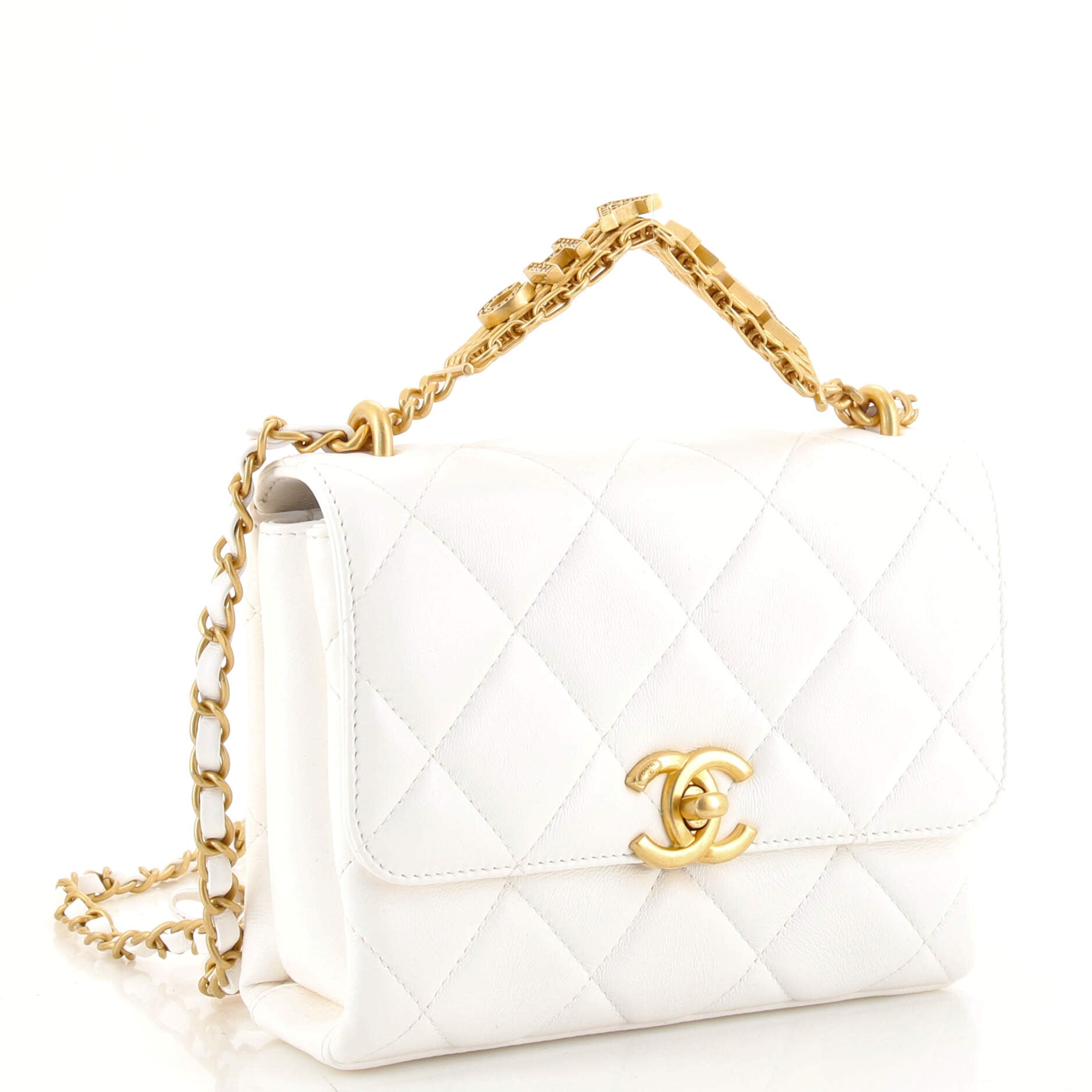 Crystal Logo Letters Chain Handle Flap Bag Quilted Lambskin Mini