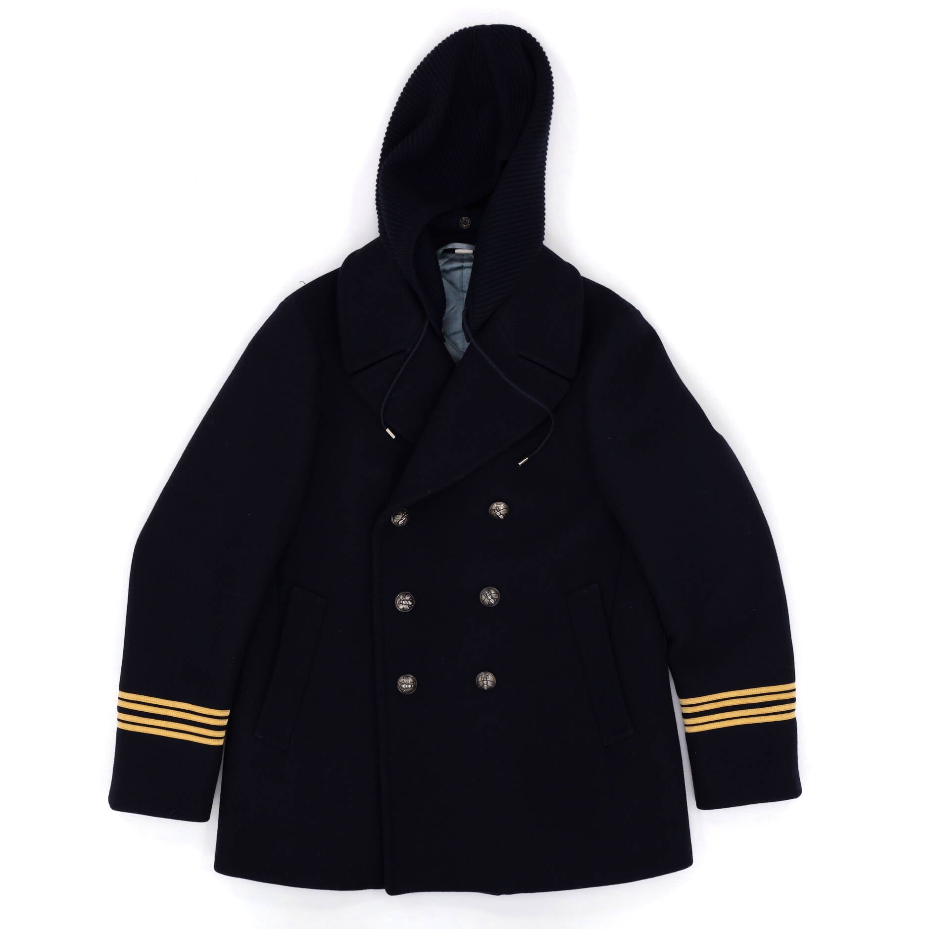 Men's Striped Sleeves Double Breasted Hooded Peacoat Wool